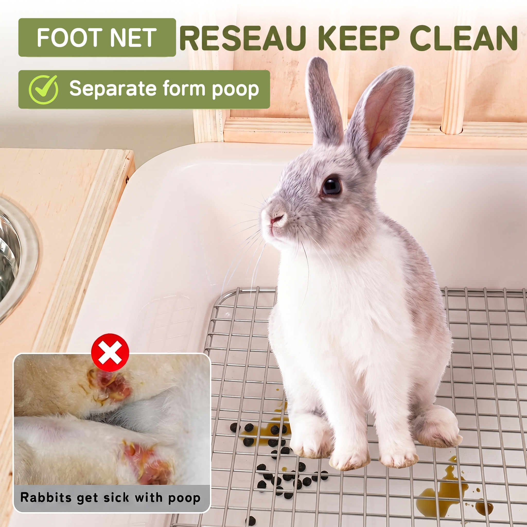 MQAAUP 3 in 1 Rabbit Hay Feeder with Litter Box,Large Wooden Hay Feeder with 2 Bowls for Guinea Pig Chinchilla Bunny Other Small Animals