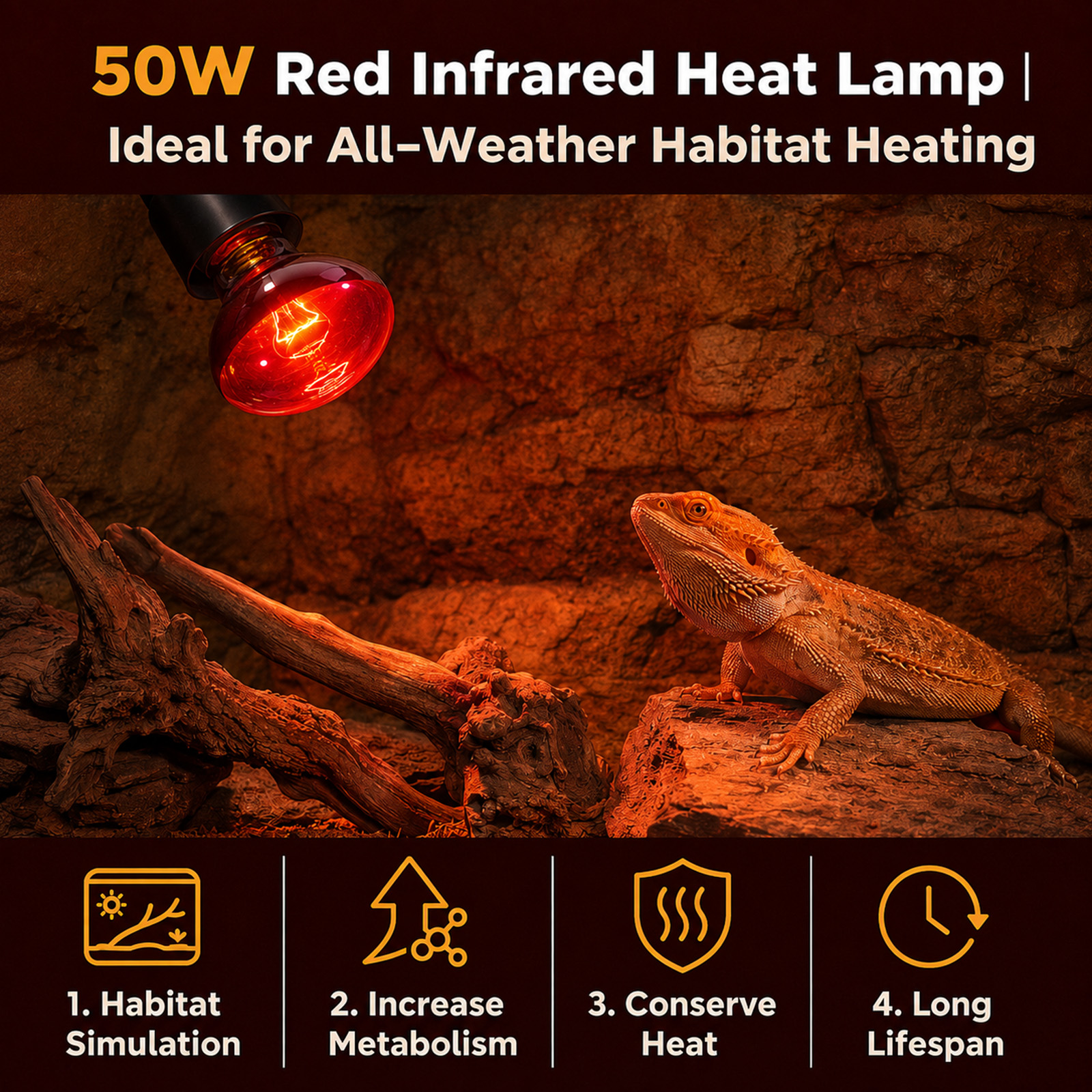 MQAAUP 50W Infrared Basking Spot Bulb, Red Reptile Heating lamp, Basking Light for Snake, Leopard Gecko, Tortoise, Lizard Terrarium, 4 Pack
