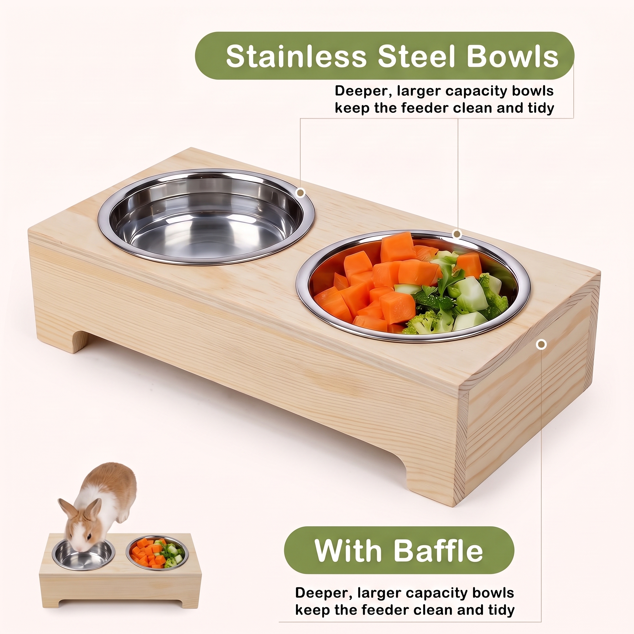 MQAAUP 3 in 1 Rabbit Hay Feeder with Litter Box,Large Wooden Hay Feeder with 2 Bowls for Guinea Pig Chinchilla Bunny Other Small Animals