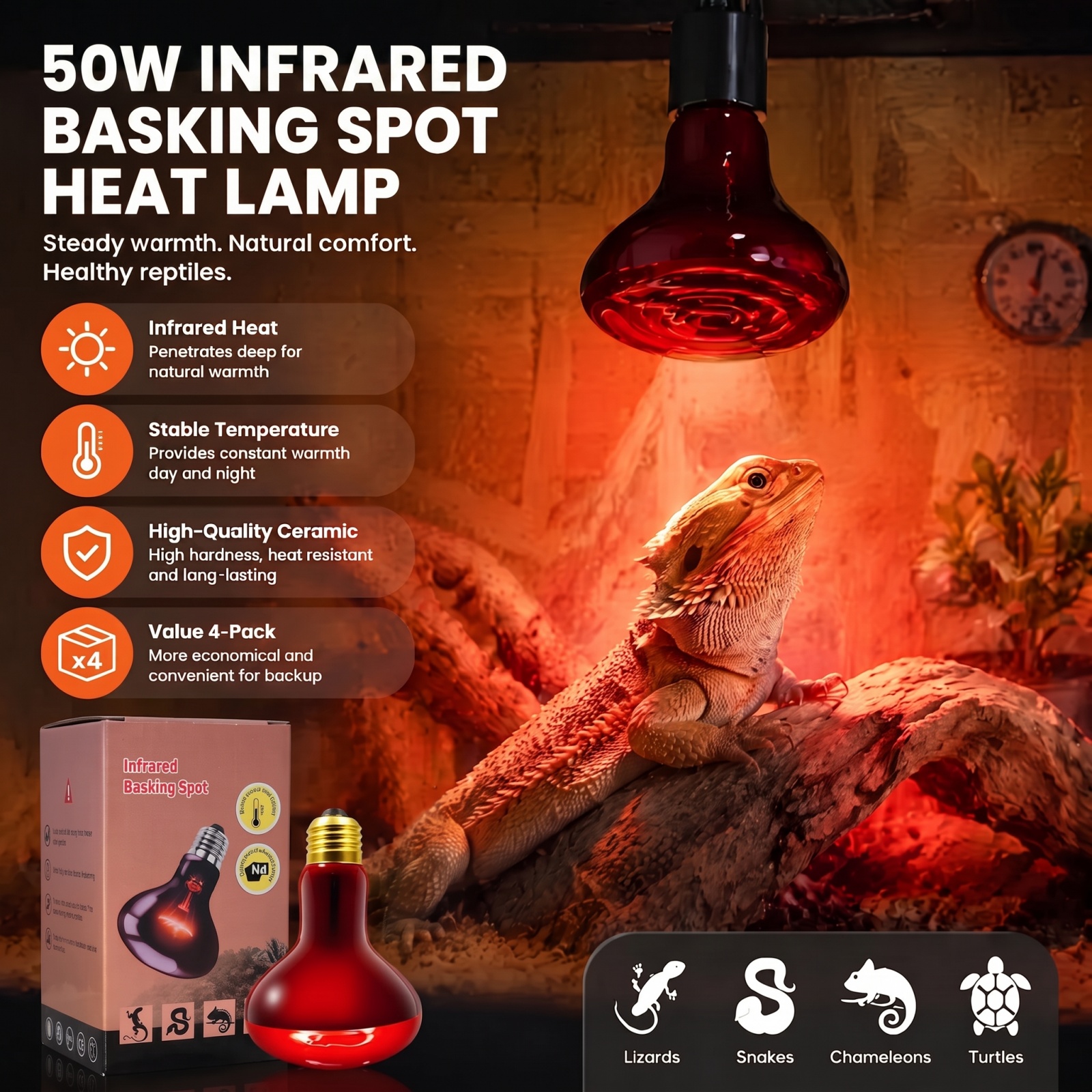MQAAUP 50W Infrared Basking Spot Bulb, Red Reptile Heating lamp, Basking Light for Snake, Leopard Gecko, Tortoise, Lizard Terrarium, 4 Pack