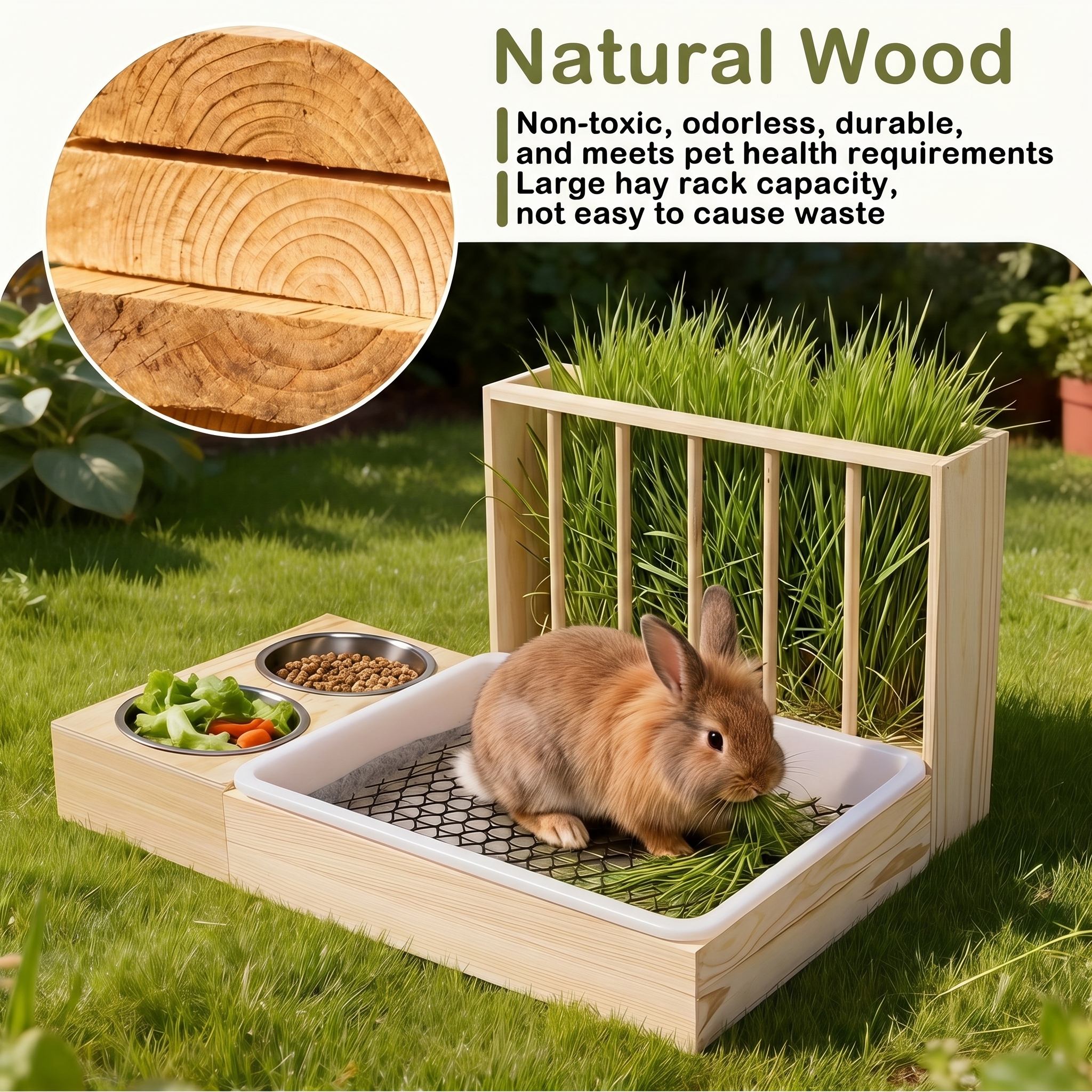 MQAAUP 3 in 1 Rabbit Hay Feeder with Litter Box,Large Wooden Hay Feeder with 2 Bowls for Guinea Pig Chinchilla Bunny Other Small Animals