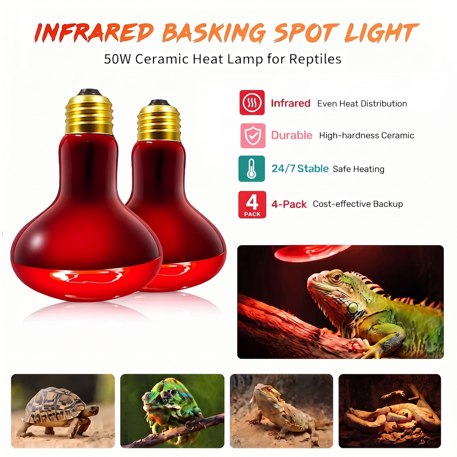 MQAAUP 50W Infrared Basking Spot Bulb, Red Reptile Heating lamp, Basking Light for Snake, Leopard Gecko, Tortoise, Lizard Terrarium, 4 Pack