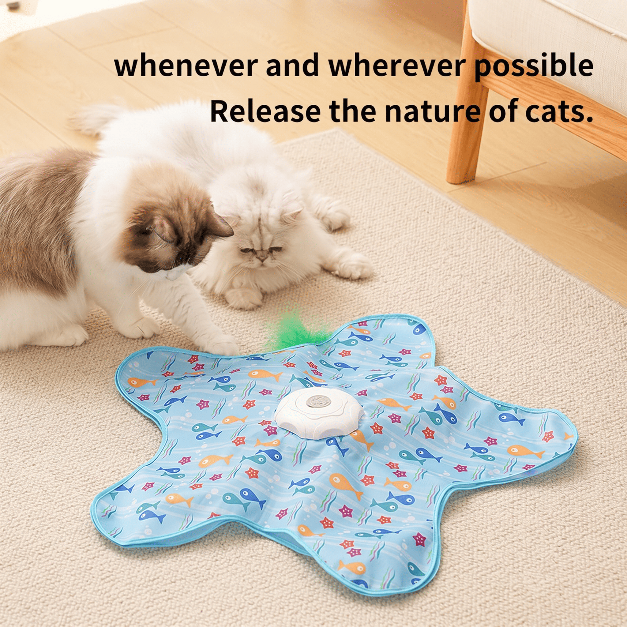 MQAAUP Interactive Automatic Cat Toy, Rechargeable 3-Mode Hunting Toy with Hidden Moving Feathers, Squeaky Bird Sound & Fish Pattern Cover for Indoor Cats & Kittens