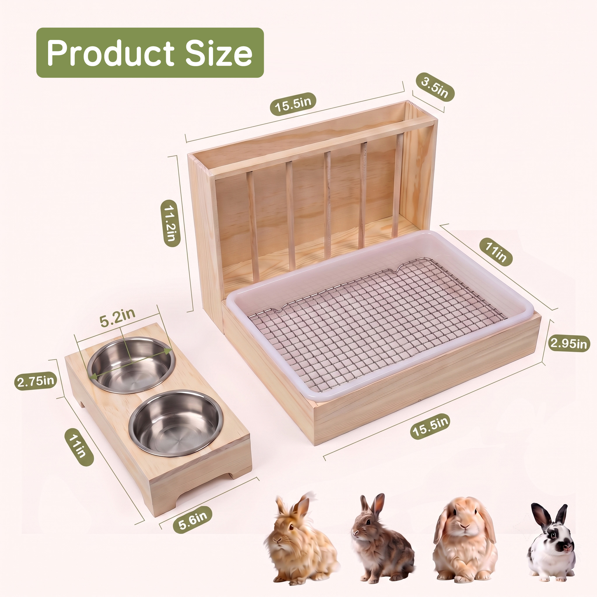 MQAAUP 3 in 1 Rabbit Hay Feeder with Litter Box,Large Wooden Hay Feeder with 2 Bowls for Guinea Pig Chinchilla Bunny Other Small Animals