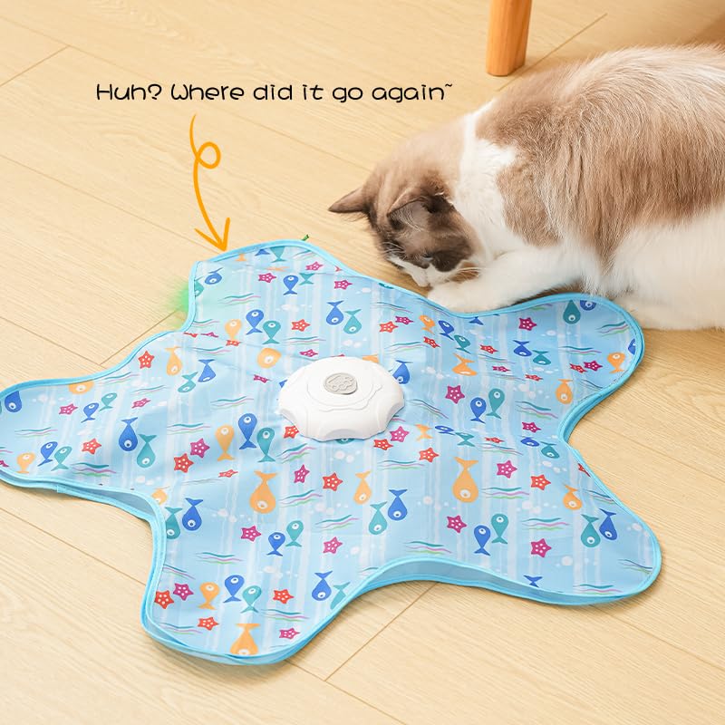 MQAAUP Interactive Automatic Cat Toy, Rechargeable 3-Mode Hunting Toy with Hidden Moving Feathers, Squeaky Bird Sound & Fish Pattern Cover for Indoor Cats & Kittens