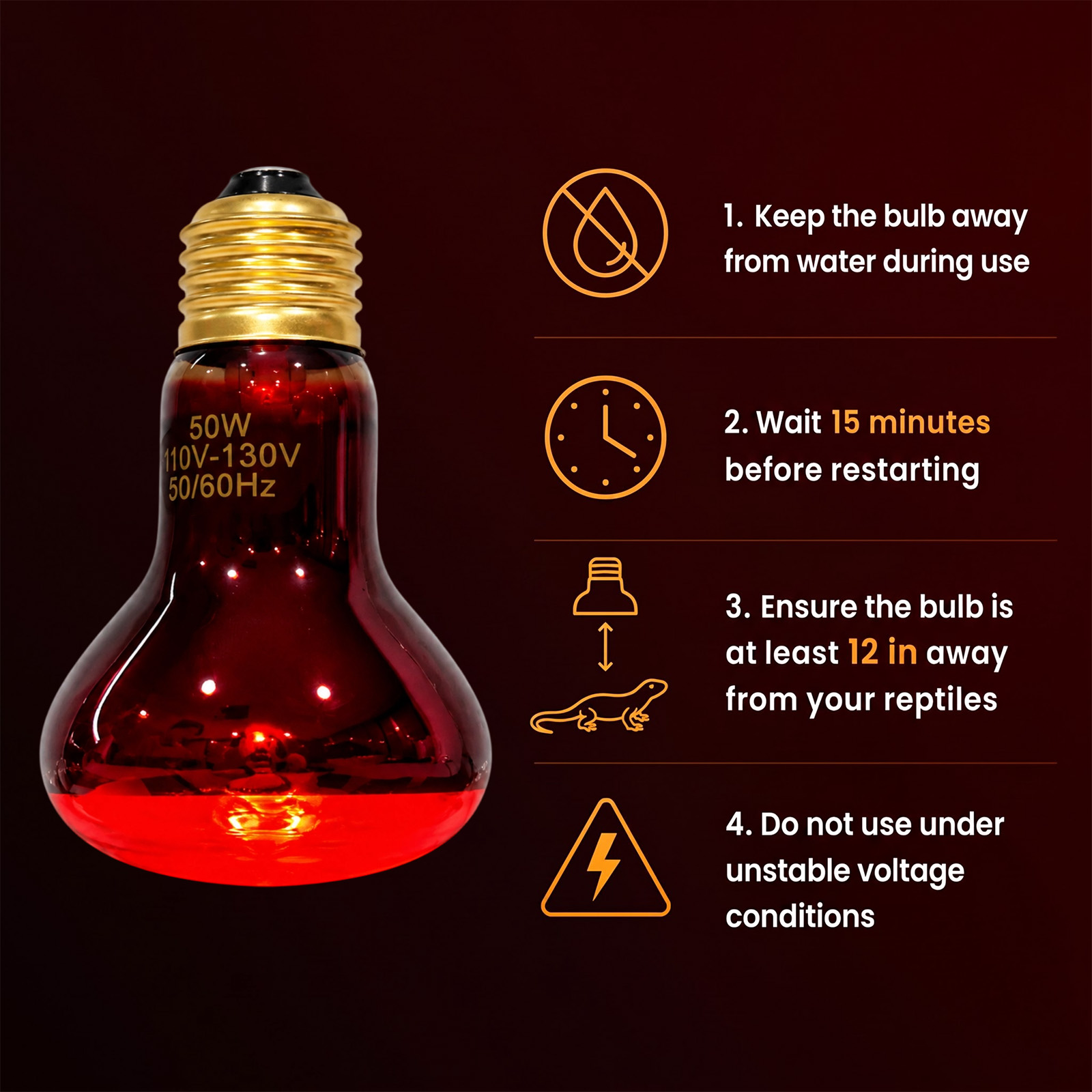 MQAAUP 50W Infrared Basking Spot Bulb, Red Reptile Heating lamp, Basking Light for Snake, Leopard Gecko, Tortoise, Lizard Terrarium, 4 Pack