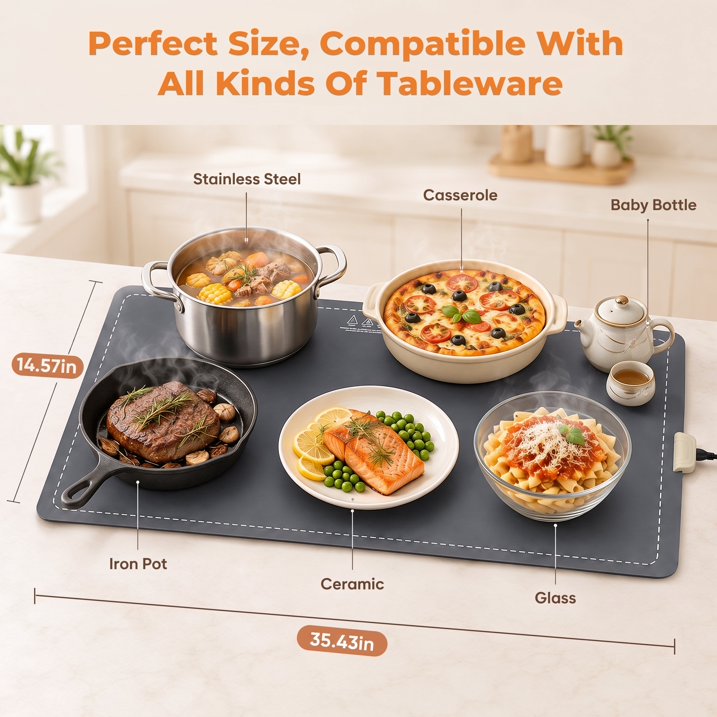 MQAAUP Food Warming Mat 35"x14", Electric Warming Tray, 5 Heat Levels, 6H Auto Shut Off Timer & Child Lock for Buffet, Party & Home Use