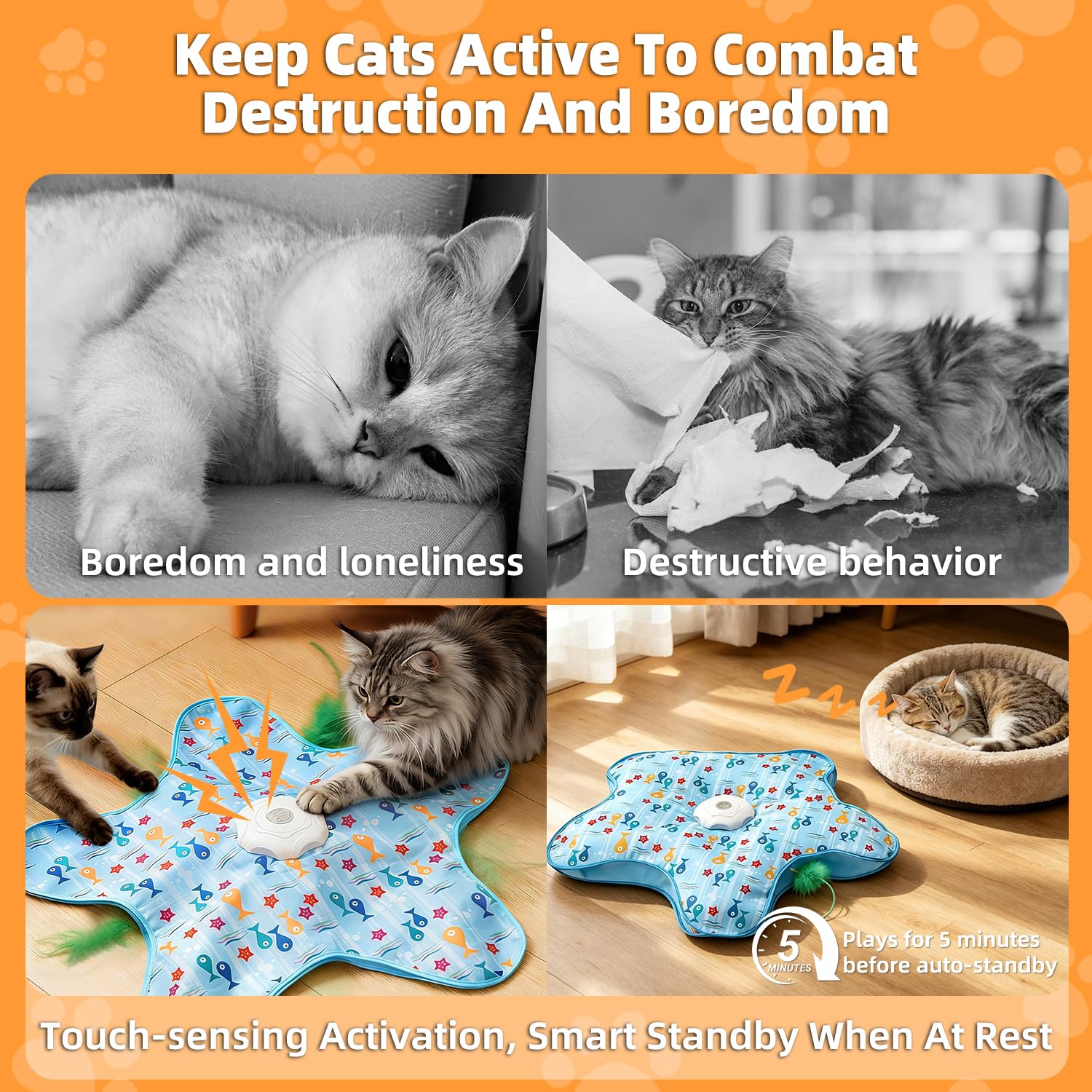 MQAAUP Interactive Automatic Cat Toy, Rechargeable 3-Mode Hunting Toy with Hidden Moving Feathers, Squeaky Bird Sound & Fish Pattern Cover for Indoor Cats & Kittens