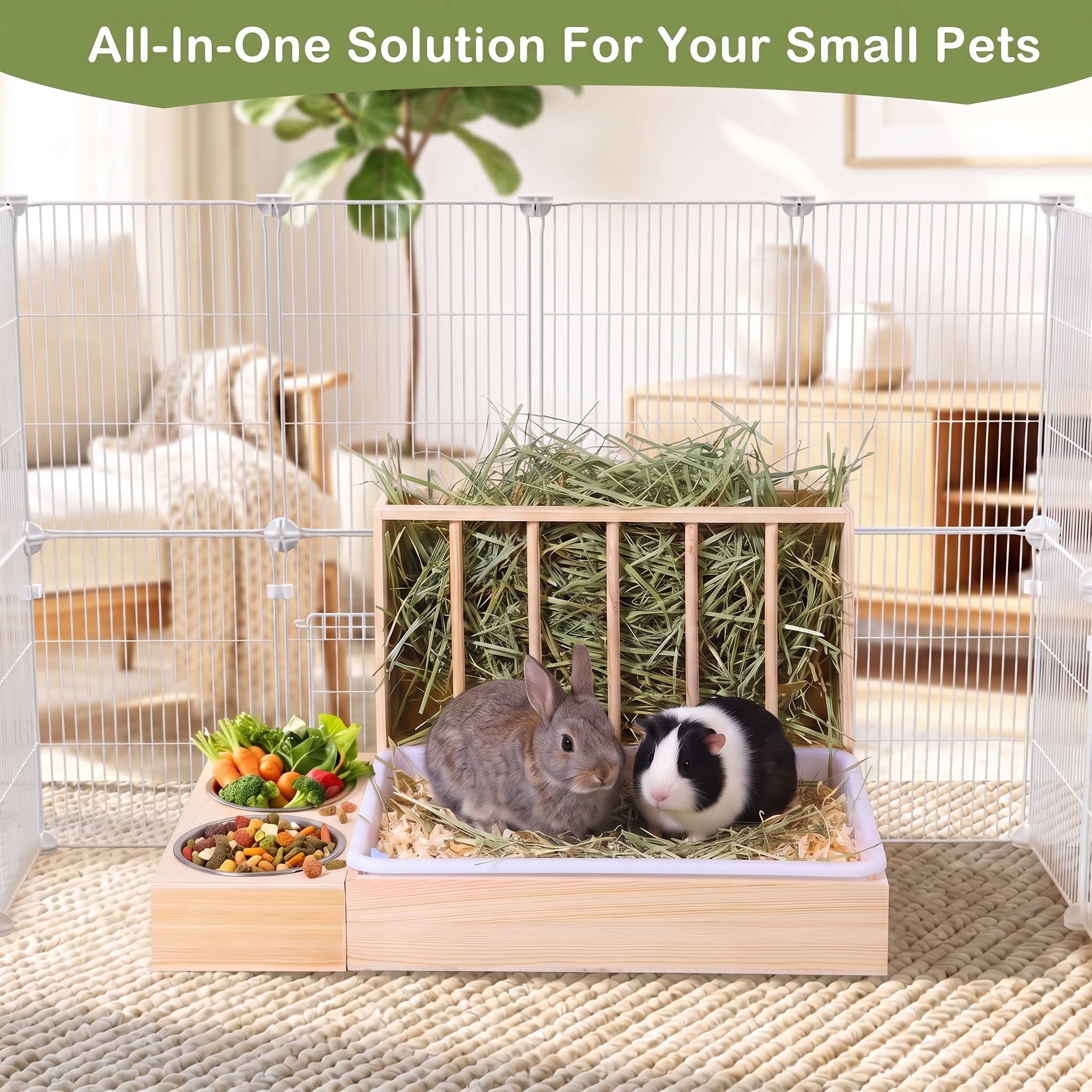MQAAUP 3 in 1 Rabbit Hay Feeder with Litter Box,Large Wooden Hay Feeder with 2 Bowls for Guinea Pig Chinchilla Bunny Other Small Animals