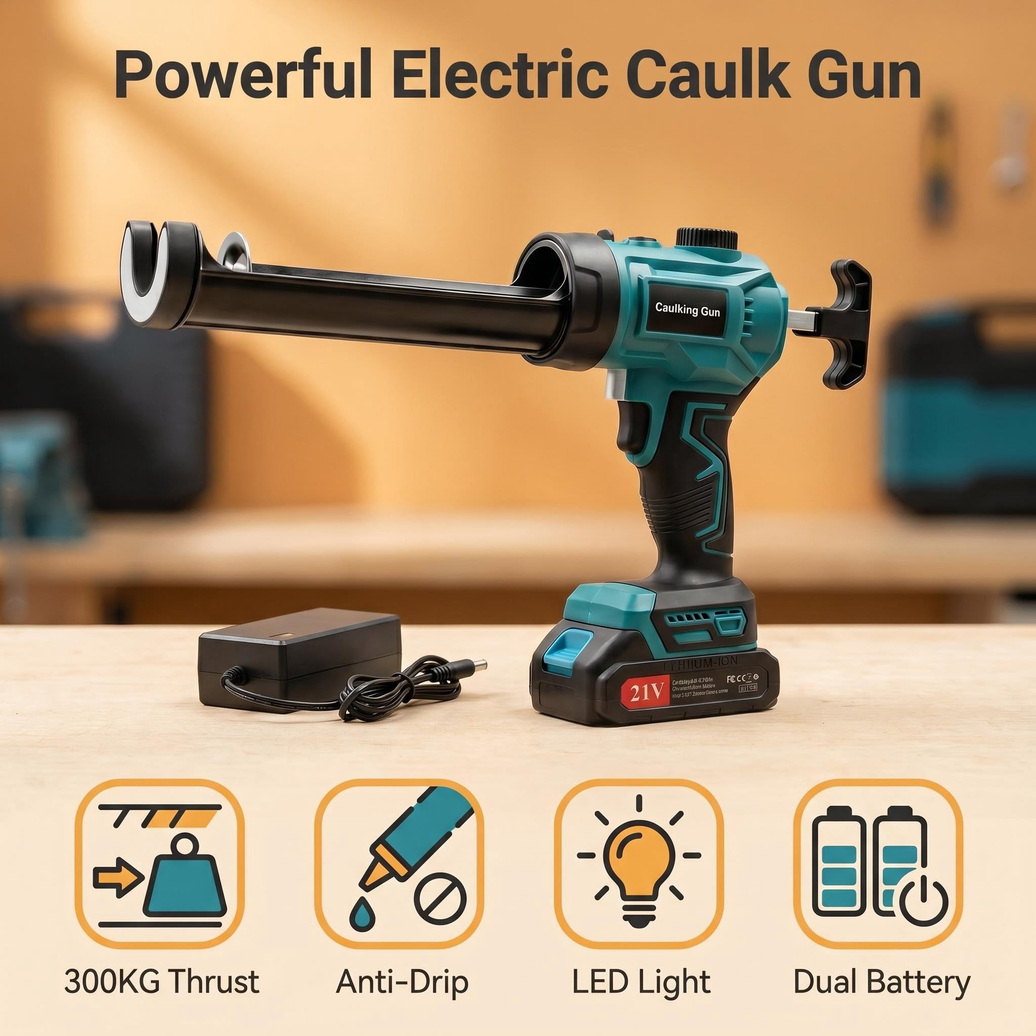 Electric Caulk Gun with 2x2000mAh Batteries, Drip-Proof Cordless Caulking Gun with LED Light ＆ Adjustable Speed, 10oz Caulk Gun for Filling, Sealing