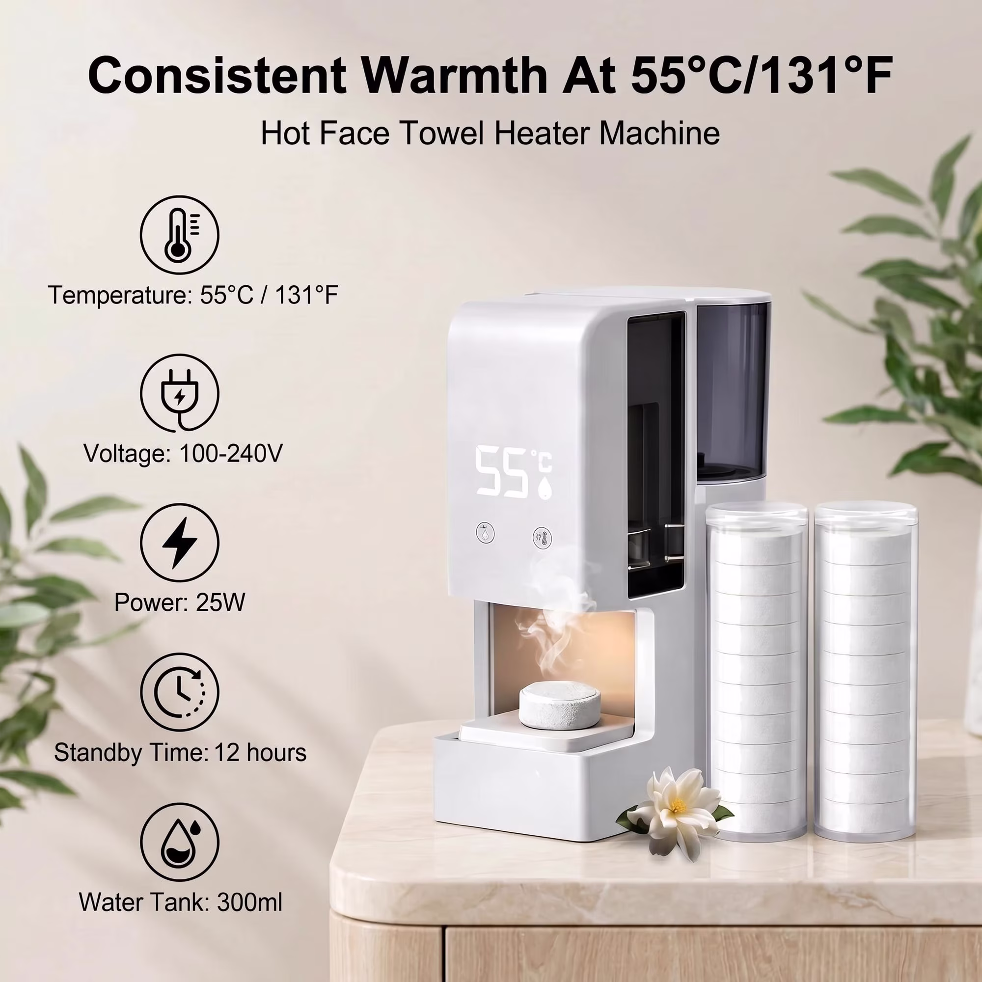 MQAAUP Hot Face Towel Dispenser, Automatic Towel Heater Machine, Portable Towel Warmer, 5‑10s Fast Heating 55°C Constant Temp, 500ml Water Tank with 2 Rolls of Towels for Spa Bath Household Use