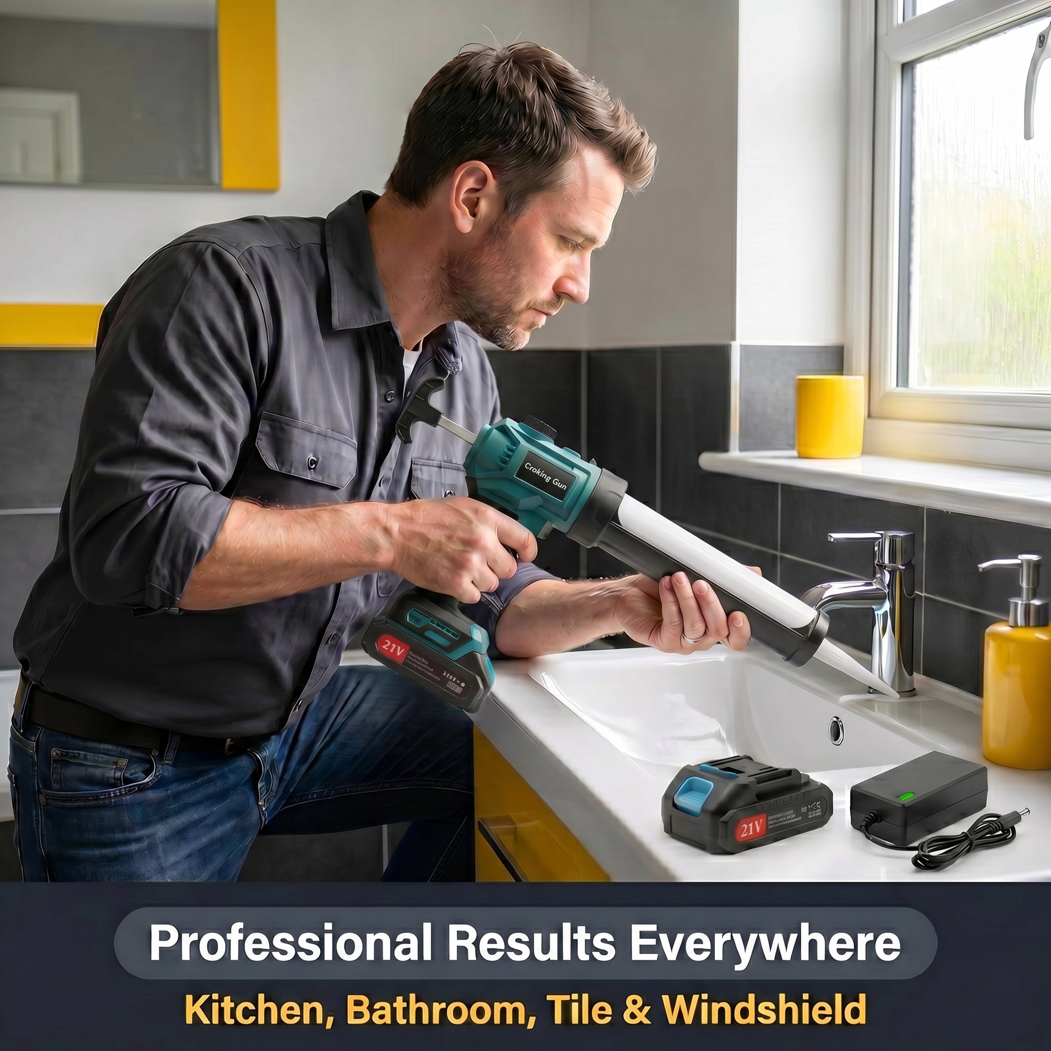 Electric Caulk Gun with 2x2000mAh Batteries, Drip-Proof Cordless Caulking Gun with LED Light ＆ Adjustable Speed, 10oz Caulk Gun for Filling, Sealing