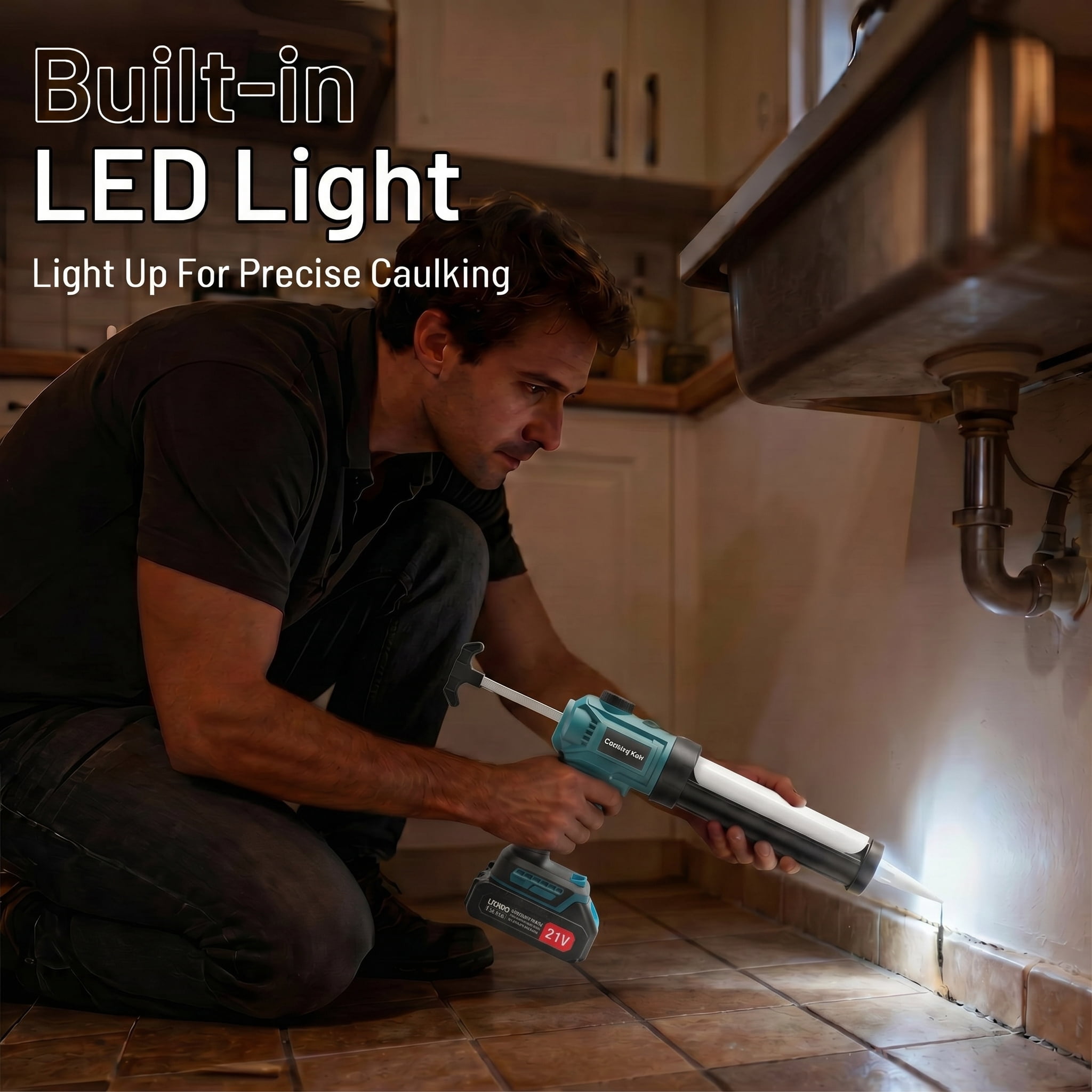 Electric Caulk Gun with 2x2000mAh Batteries, Drip-Proof Cordless Caulking Gun with LED Light ＆ Adjustable Speed, 10oz Caulk Gun for Filling, Sealing