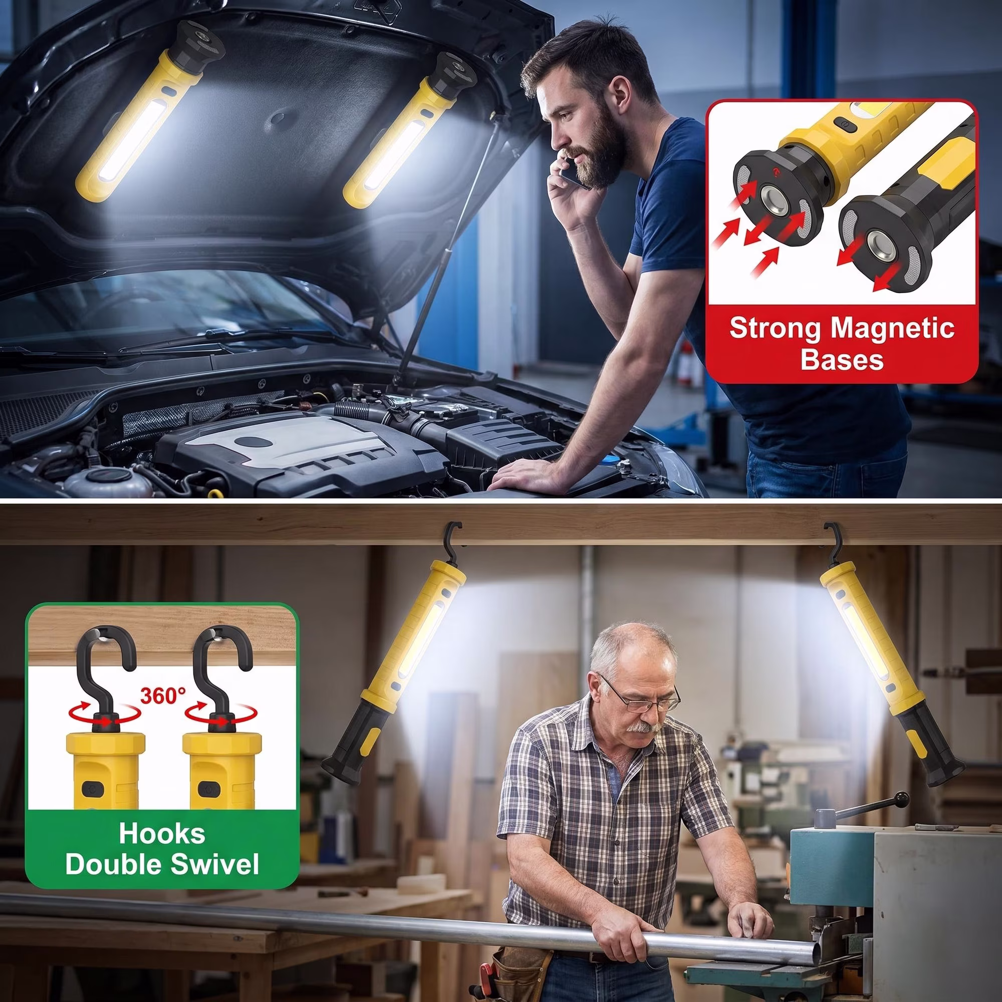 MQAAUP Work Light for Mechanic, 2000LM COB LED, Rechargeable, Magnetic Light Bar, Under Hood Magnetic Work Light with Power Bank for Car Repair Inspection Garage Workshop Emergency Outdoor Use