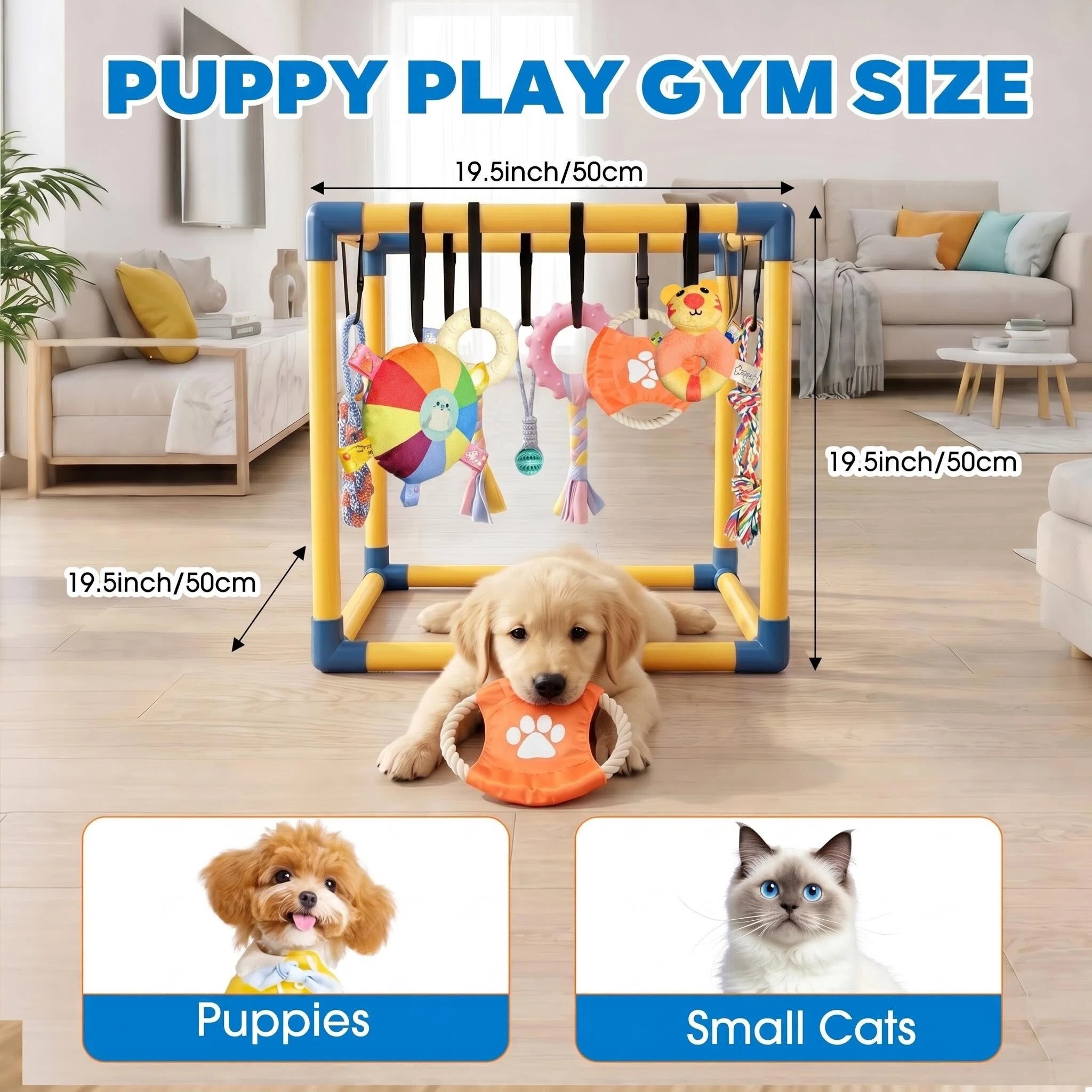 MQAAUP Puppy Play Gym with 8 Hanging Toys, 19.5"x19.5" Adjustable Indoor Dog Jungle Gym for Small Dogs, Training & Anxiety Relief