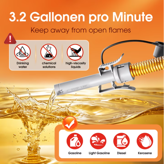 MQAAUP Automatic Fuel Transfer Pump with Auto-Stop, 51''Extra Long Hose, 3.2 Gallon per Min, 4 Can Adapters, Fast and Safe Portable Gas Can Pump for Oil, Diesel,Gasoline