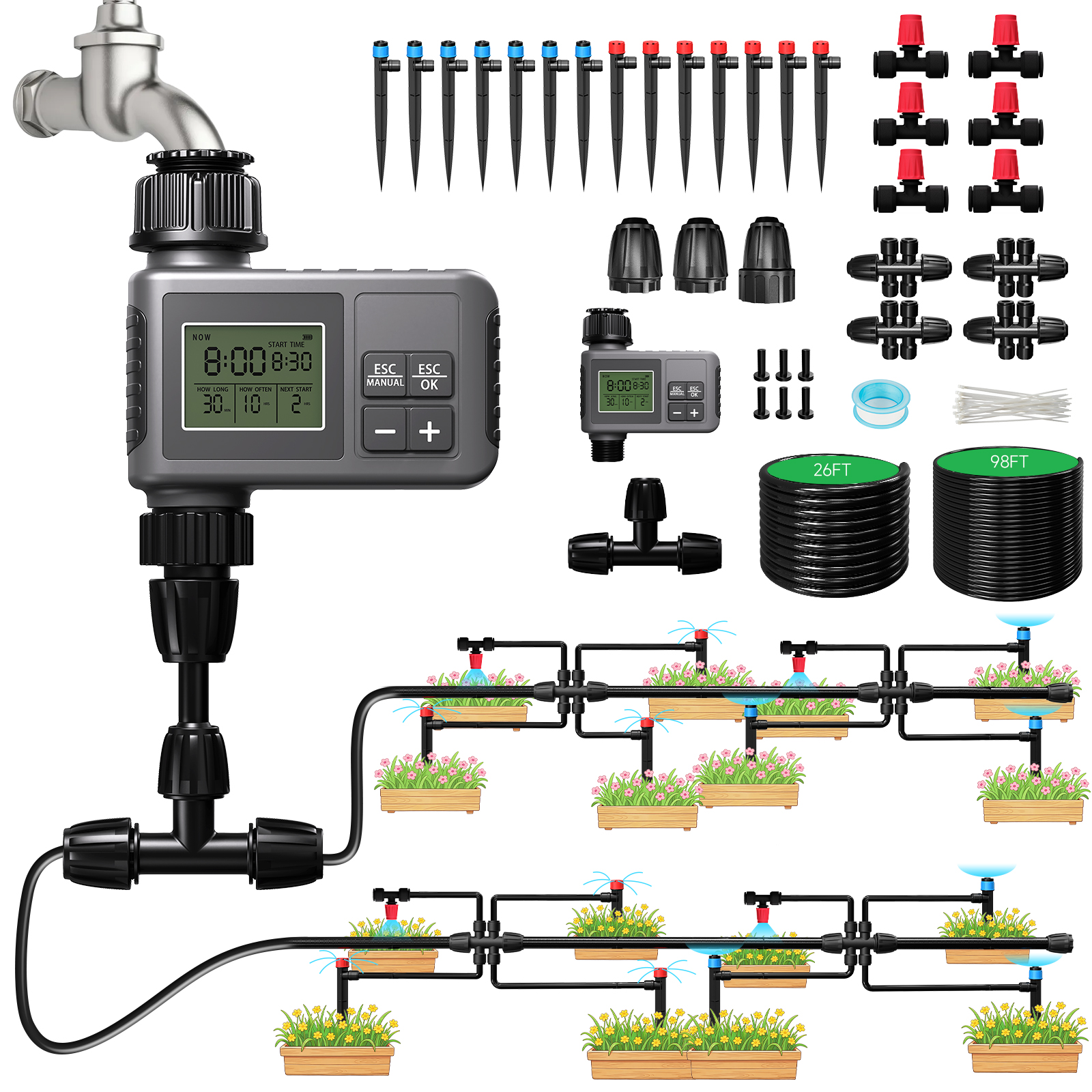 MQJIAZHI 124FT Drip Irrigation System with LCD Timer, Automatic Watering System Kits,5/16 Inch Hose 1/4 Inch Distribution Tubing 3 Sprayer Types, for Garden, Greenhouse, Garden, Lawn