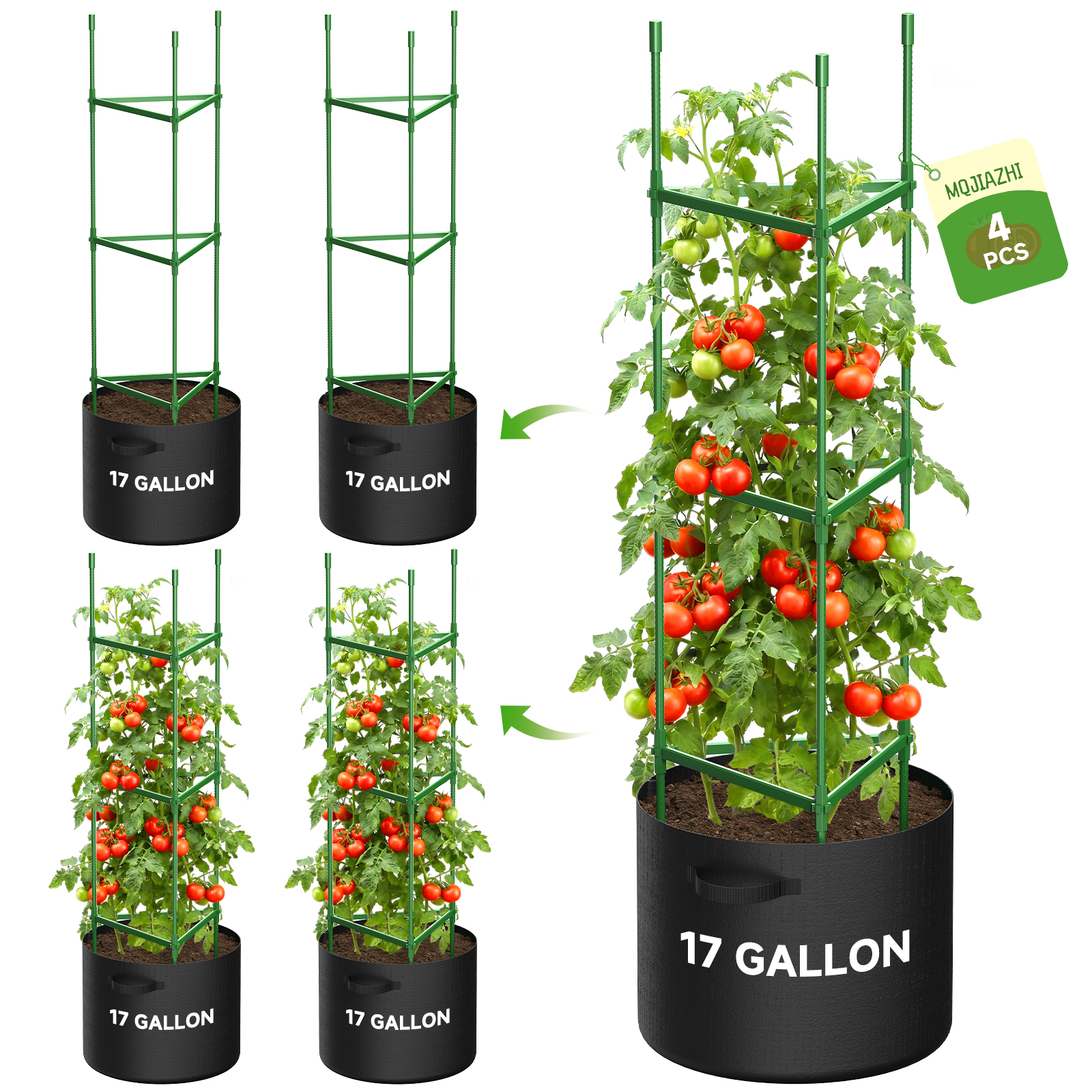 4 Pack Tomato Trellis Cages 55 Inch Height, with 17 Gallon Square Grow Bags, Heavy Duty Tomato Plant Support Stakes for Outdoor Garden Climbing Vegetables Fruits Flowers