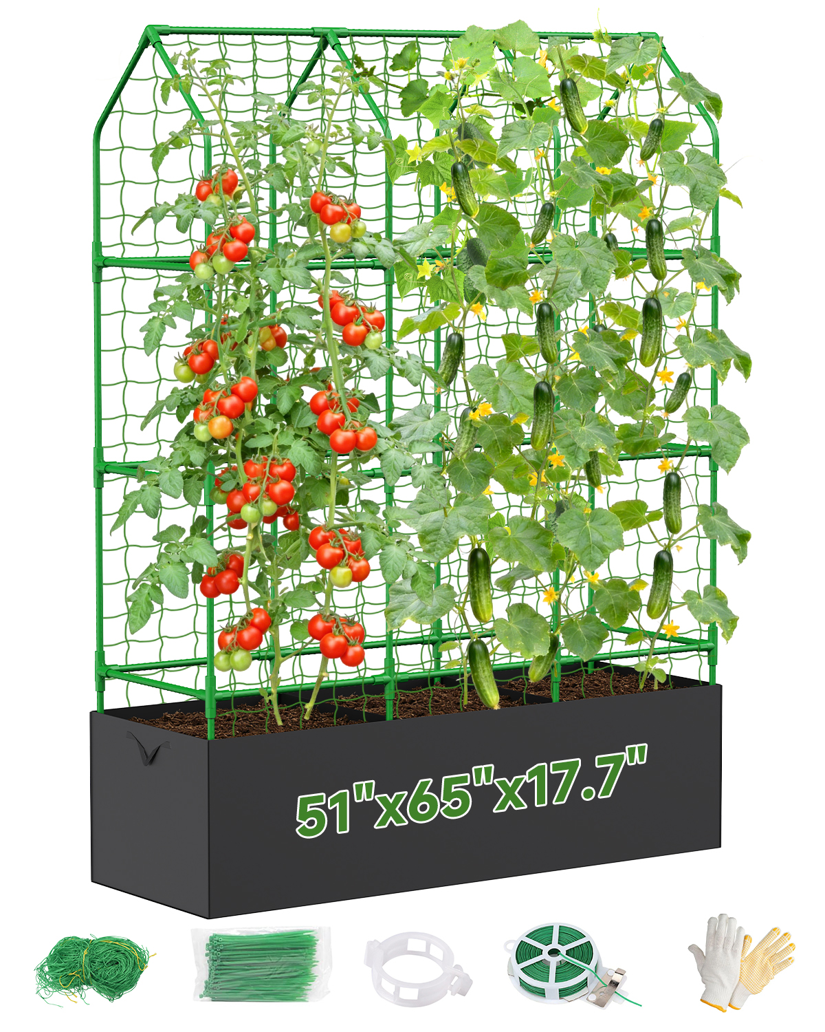 65" Cucumber Planter with Trellis for Climbing Plants Outdoor, Metal Garden Trellis for Raised Bed, Plant Support Structures with Netting for Cucumbers Tomatoes Beans Peas (50 * 17 * 65inch(L*W*H)