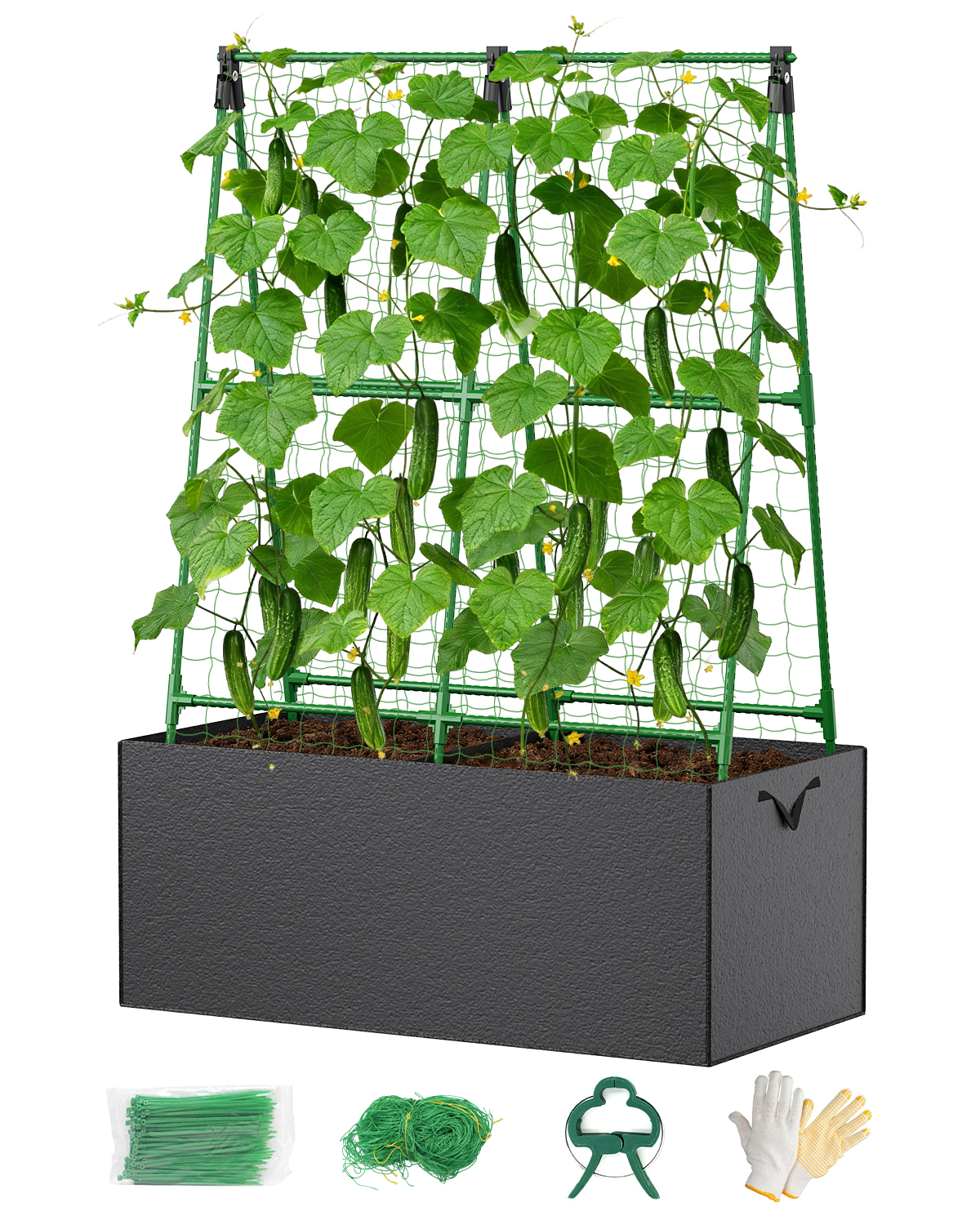 Cucumber Trellis with for Climbing Plants, A-Shape Garden Trellis with Grow Bags, Metal Plant Trellis with Garden Netting for Vegetables Flowers Fruits (A-Shape)
