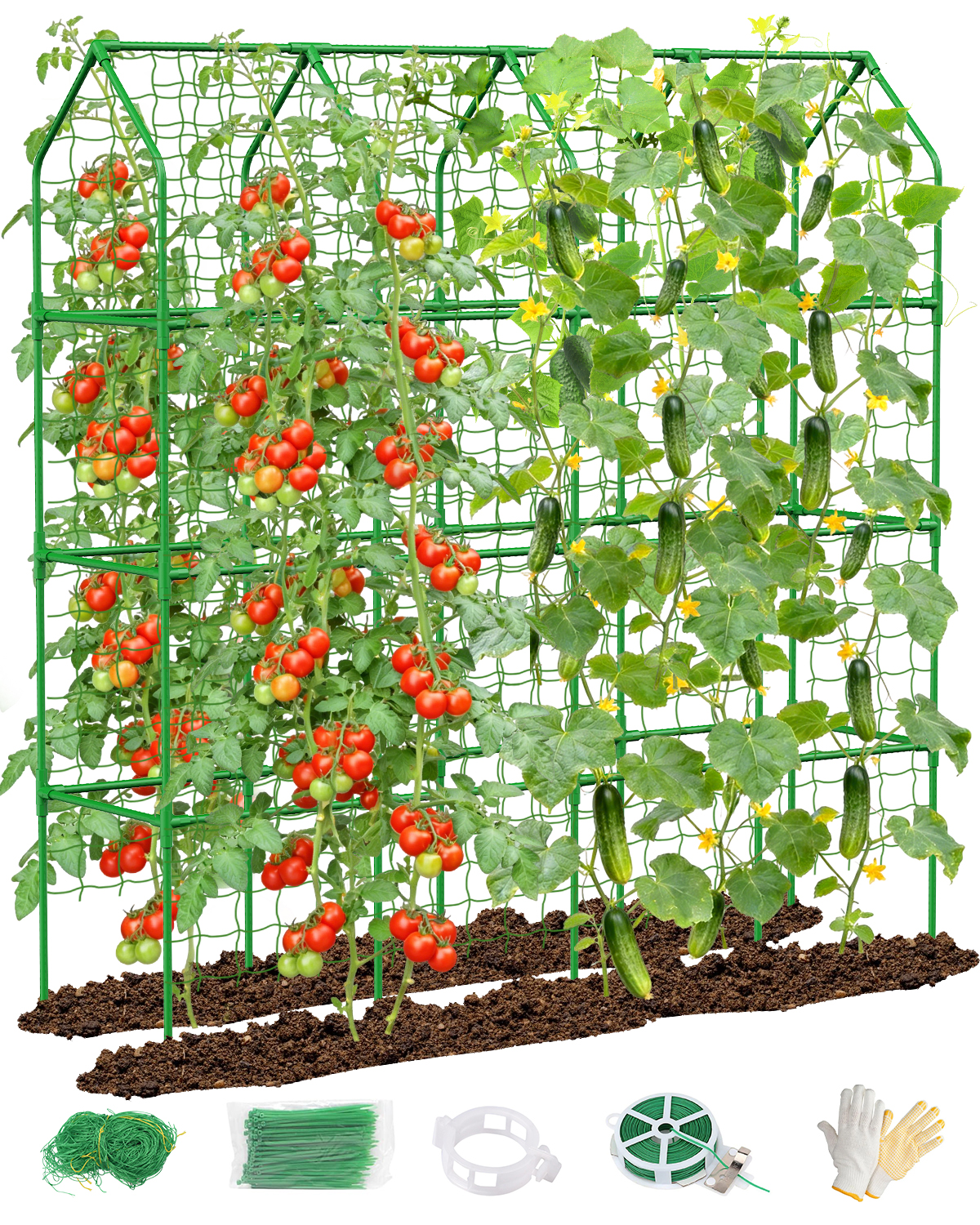 Cucumber Trellis for Climbing Plants Outdoor, A-Shape Garden Trellis for Raised Bed, Metal Plant Trellis with Garden Netting for Flower Vegetables, Pea, Grape ((67 * 17 * 65inch(L*W*H), Trellis)