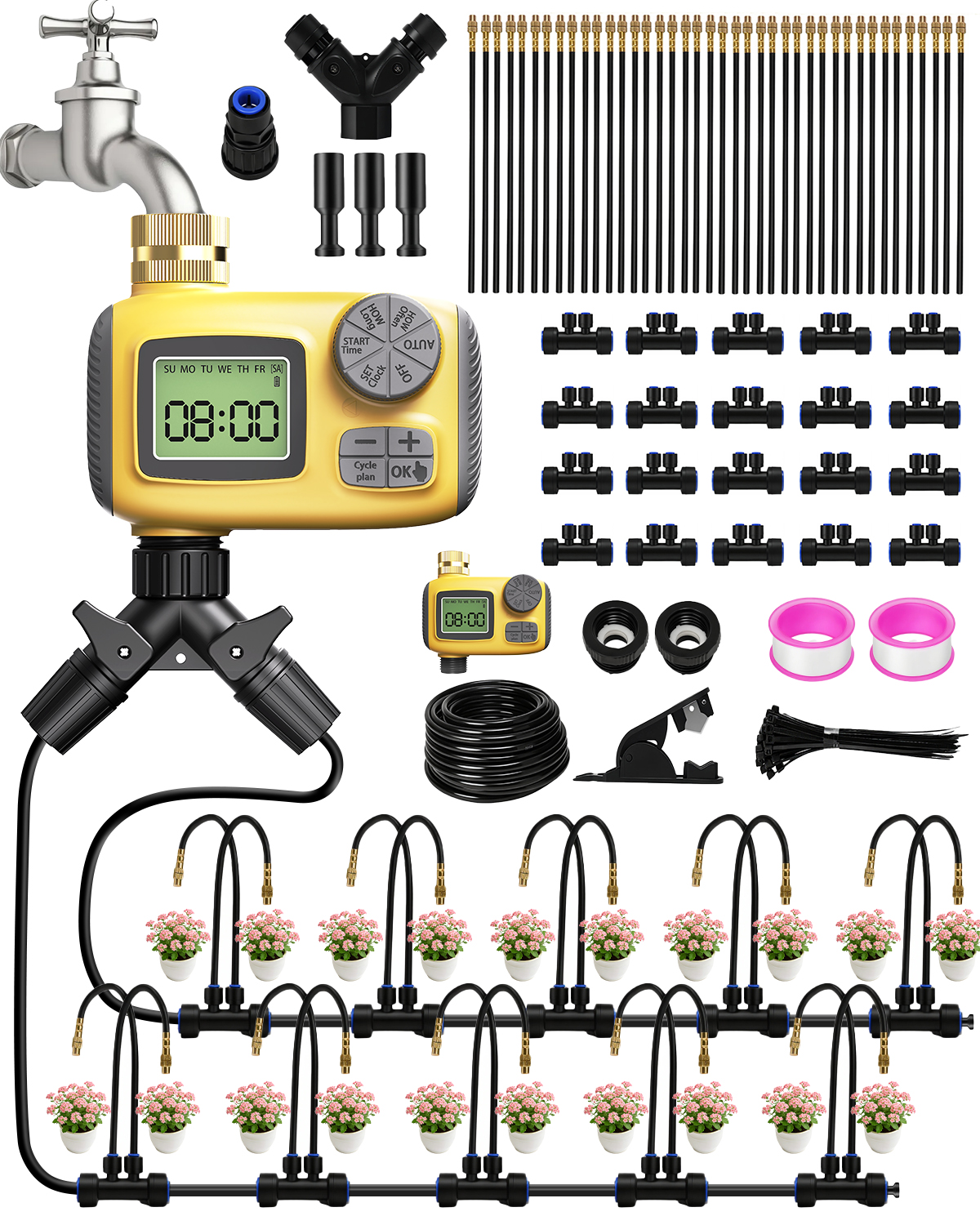 MQJIAZHI 66FT Drip Irrigation System with Timer, Automatic Watering System Kit with Solid Brass Metal Connectors, 360° Dual‑Outlet Adjustable Nozzles for Garden, Yard, Lawn, Greenhouse & Potted Plants