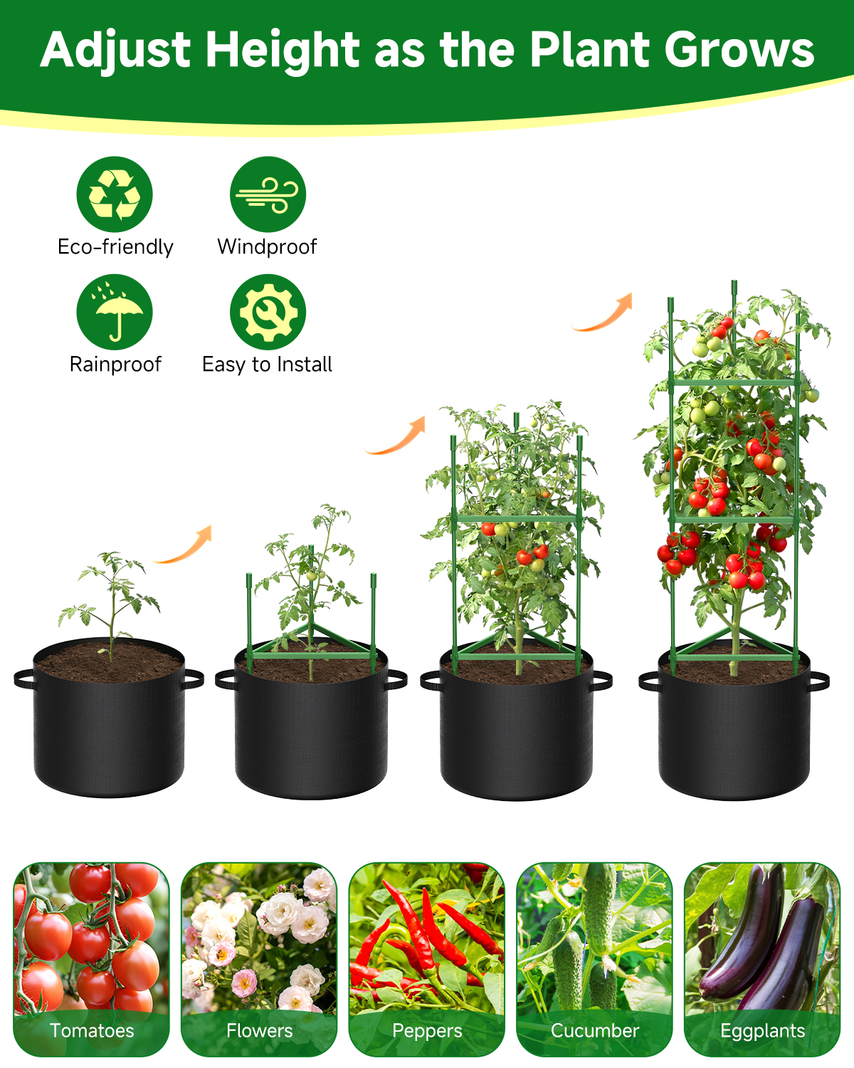 4 Pack Tomato Trellis Cages 55 Inch Height, with 17 Gallon Square Grow Bags, Heavy Duty Tomato Plant Support Stakes for Outdoor Garden Climbing Vegetables Fruits Flowers