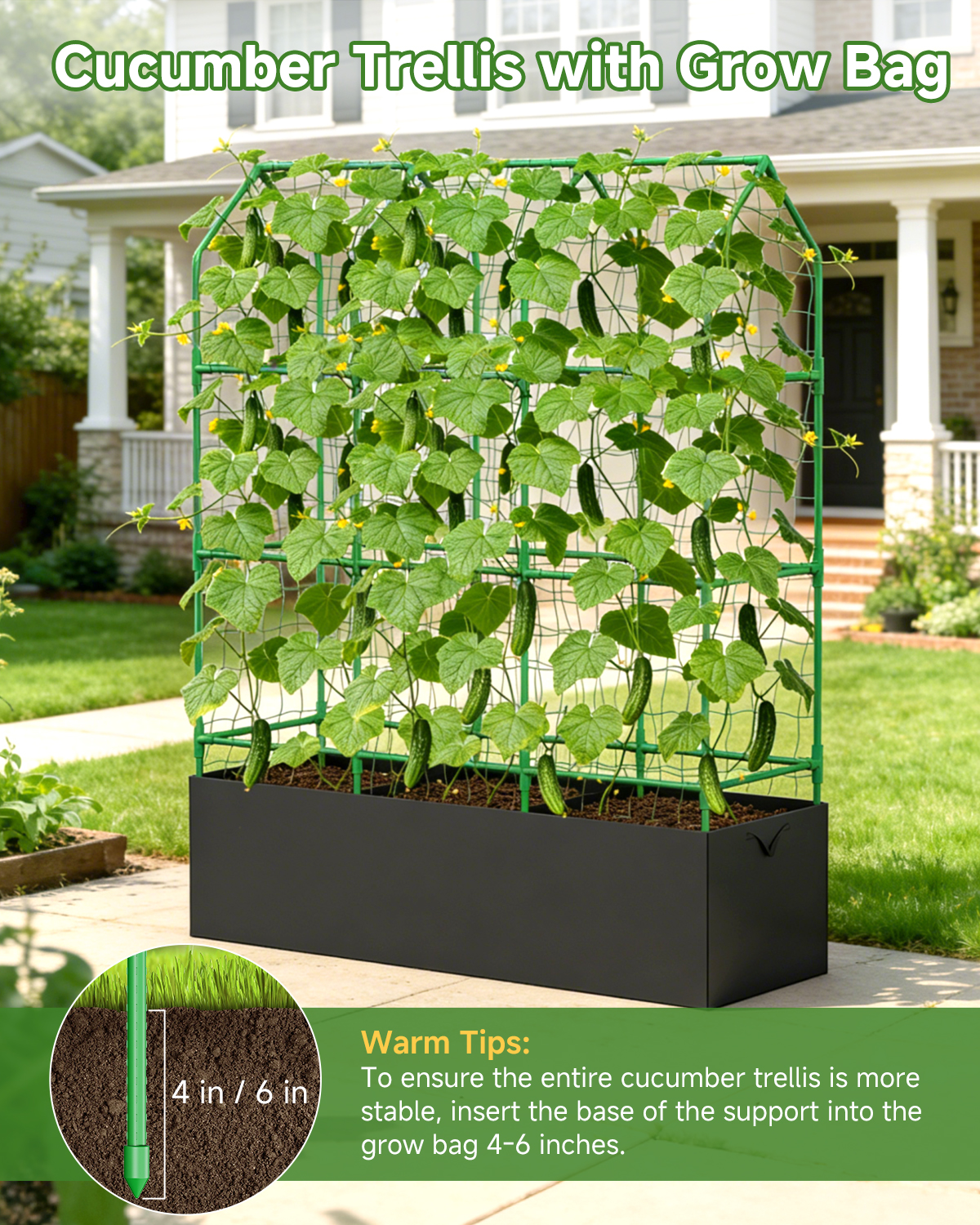 65" Cucumber Planter with Trellis for Climbing Plants Outdoor, Metal Garden Trellis for Raised Bed, Plant Support Structures with Netting for Cucumbers Tomatoes Beans Peas (50 * 17 * 65inch(L*W*H)