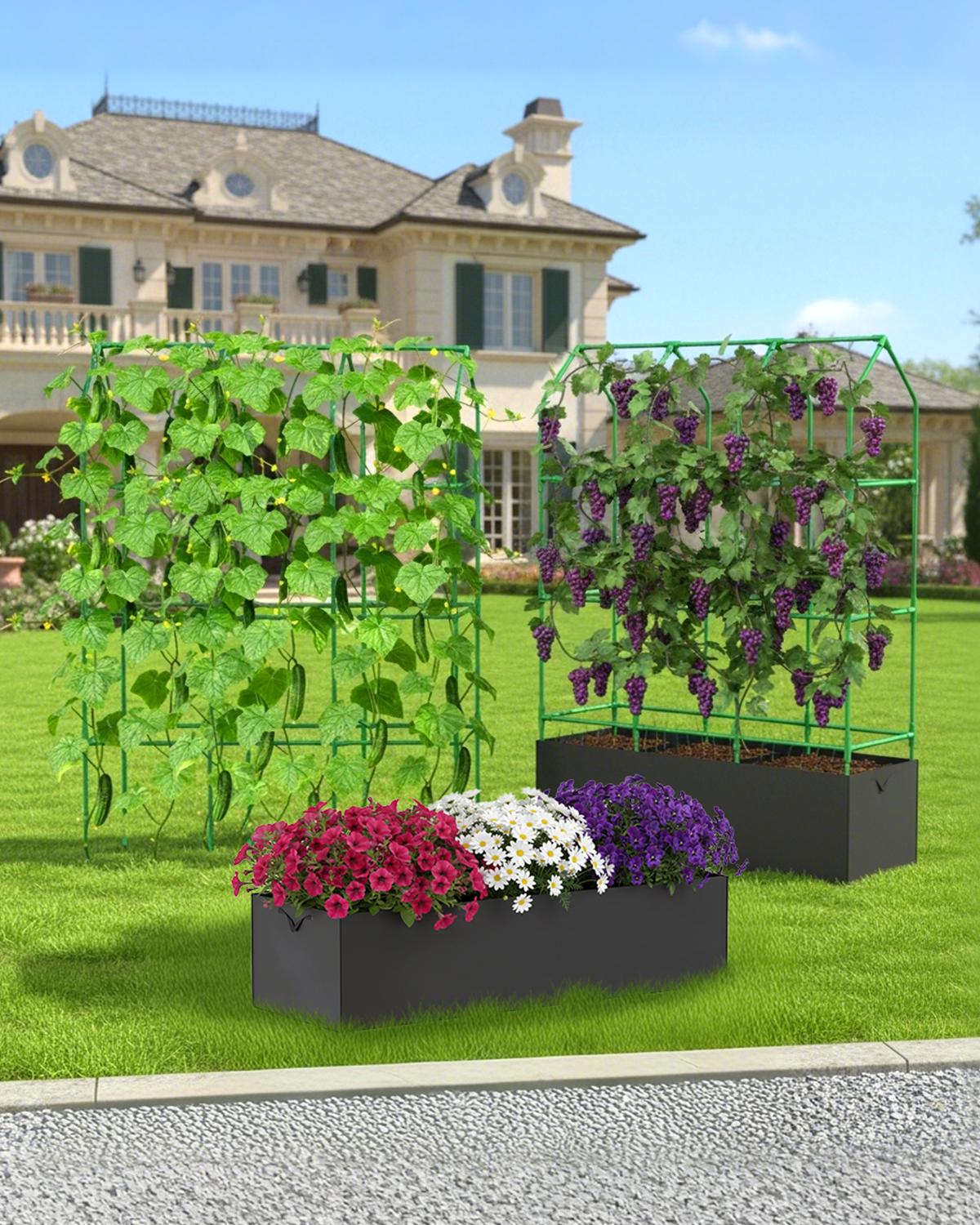 65" Cucumber Planter with Trellis for Climbing Plants Outdoor, Metal Garden Trellis for Raised Bed, Plant Support Structures with Netting for Cucumbers Tomatoes Beans Peas (50 * 17 * 65inch(L*W*H)