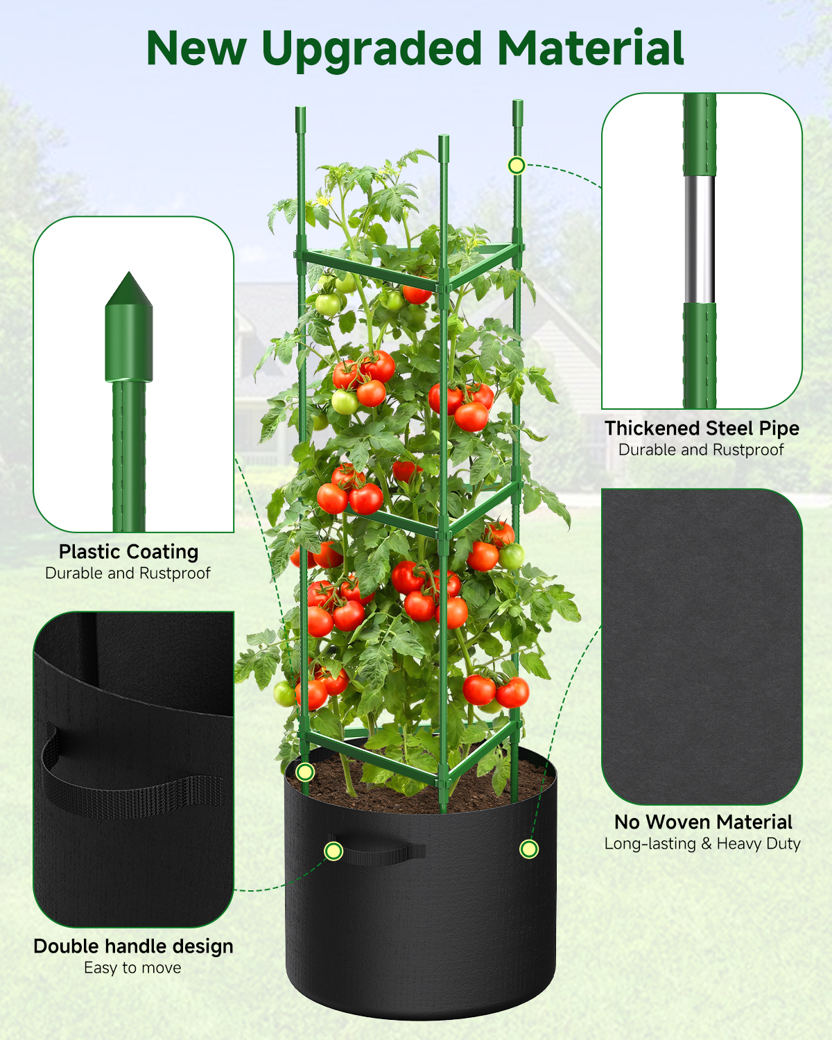 4 Pack Tomato Trellis Cages 55 Inch Height, with 17 Gallon Square Grow Bags, Heavy Duty Tomato Plant Support Stakes for Outdoor Garden Climbing Vegetables Fruits Flowers