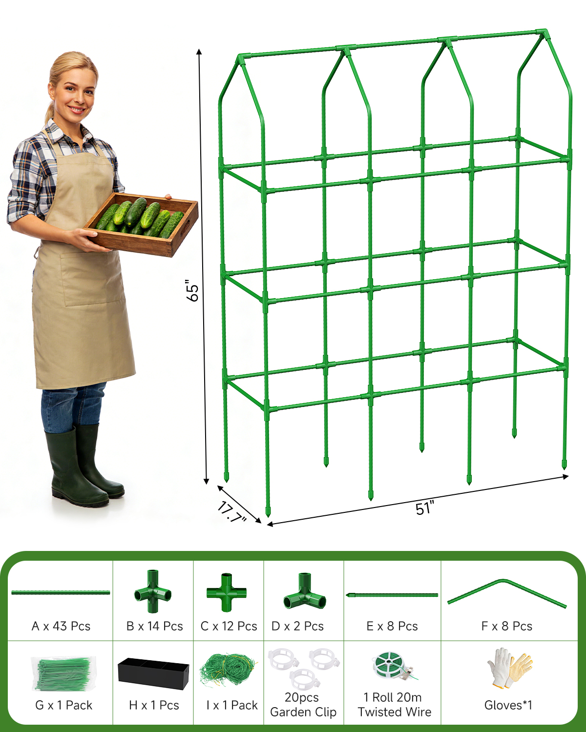 65" Cucumber Planter with Trellis for Climbing Plants Outdoor, Metal Garden Trellis for Raised Bed, Plant Support Structures with Netting for Cucumbers Tomatoes Beans Peas (50 * 17 * 65inch(L*W*H)