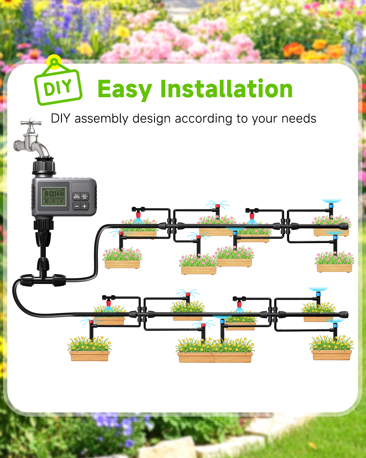 MQJIAZHI 124FT Drip Irrigation System with LCD Timer, Automatic Watering System Kits,5/16 Inch Hose 1/4 Inch Distribution Tubing 3 Sprayer Types, for Garden, Greenhouse, Garden, Lawn