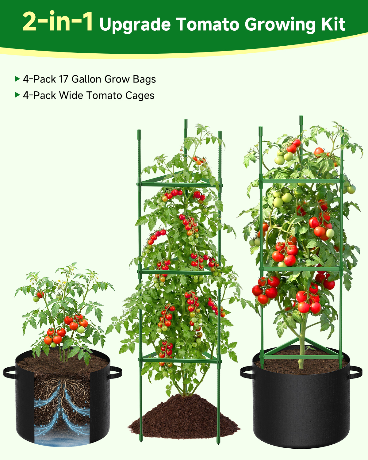 4 Pack Tomato Trellis Cages 55 Inch Height, with 17 Gallon Square Grow Bags, Heavy Duty Tomato Plant Support Stakes for Outdoor Garden Climbing Vegetables Fruits Flowers
