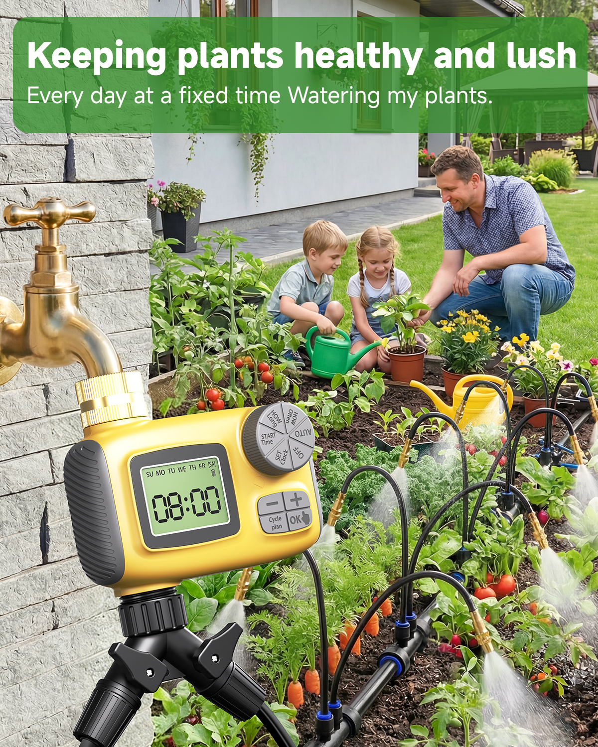 MQJIAZHI 66FT Drip Irrigation System with Timer, Automatic Watering System Kit with Solid Brass Metal Connectors, 360° Dual‑Outlet Adjustable Nozzles for Garden, Yard, Lawn, Greenhouse & Potted Plants