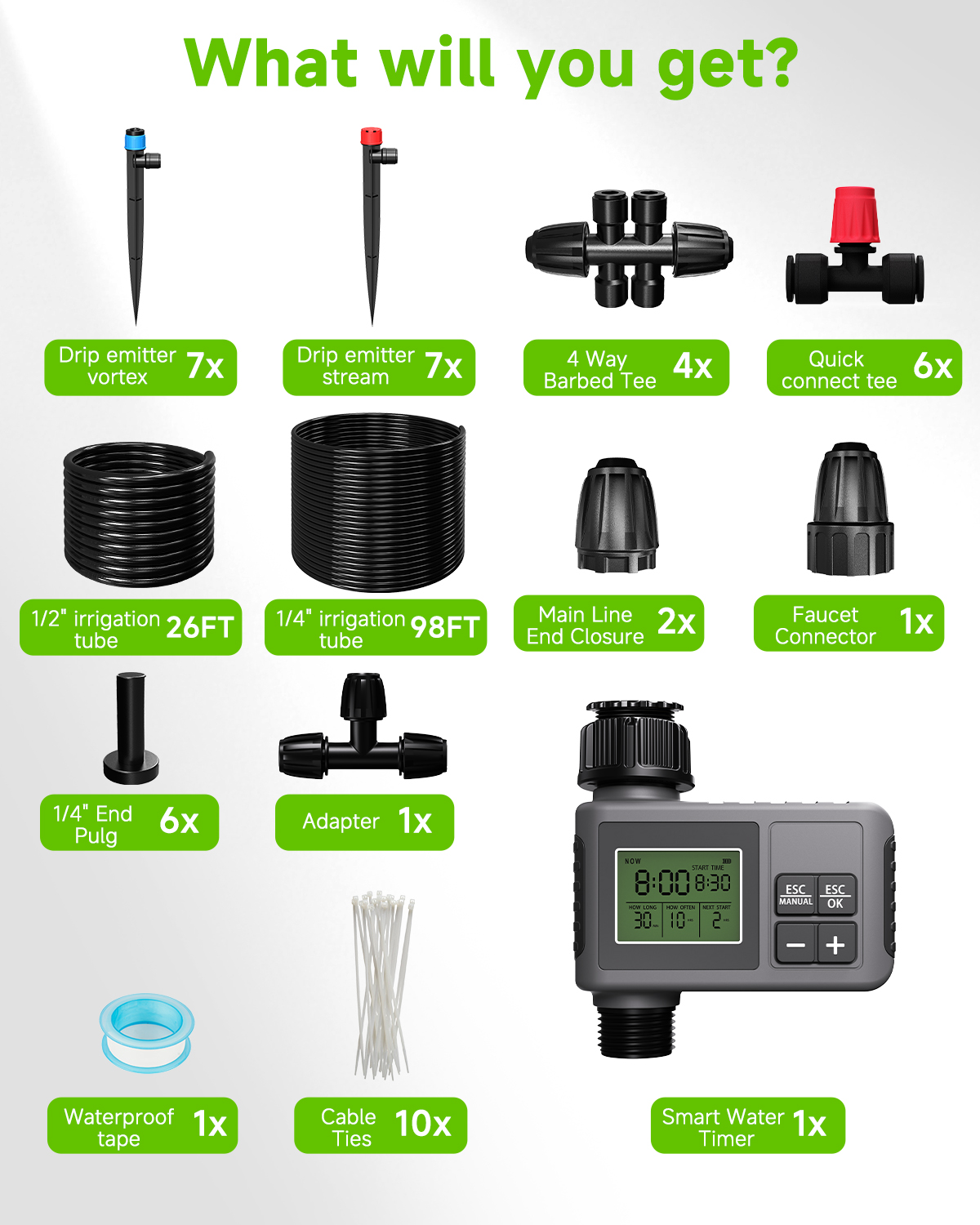 MQJIAZHI 124FT Drip Irrigation System with LCD Timer, Automatic Watering System Kits,5/16 Inch Hose 1/4 Inch Distribution Tubing 3 Sprayer Types, for Garden, Greenhouse, Garden, Lawn