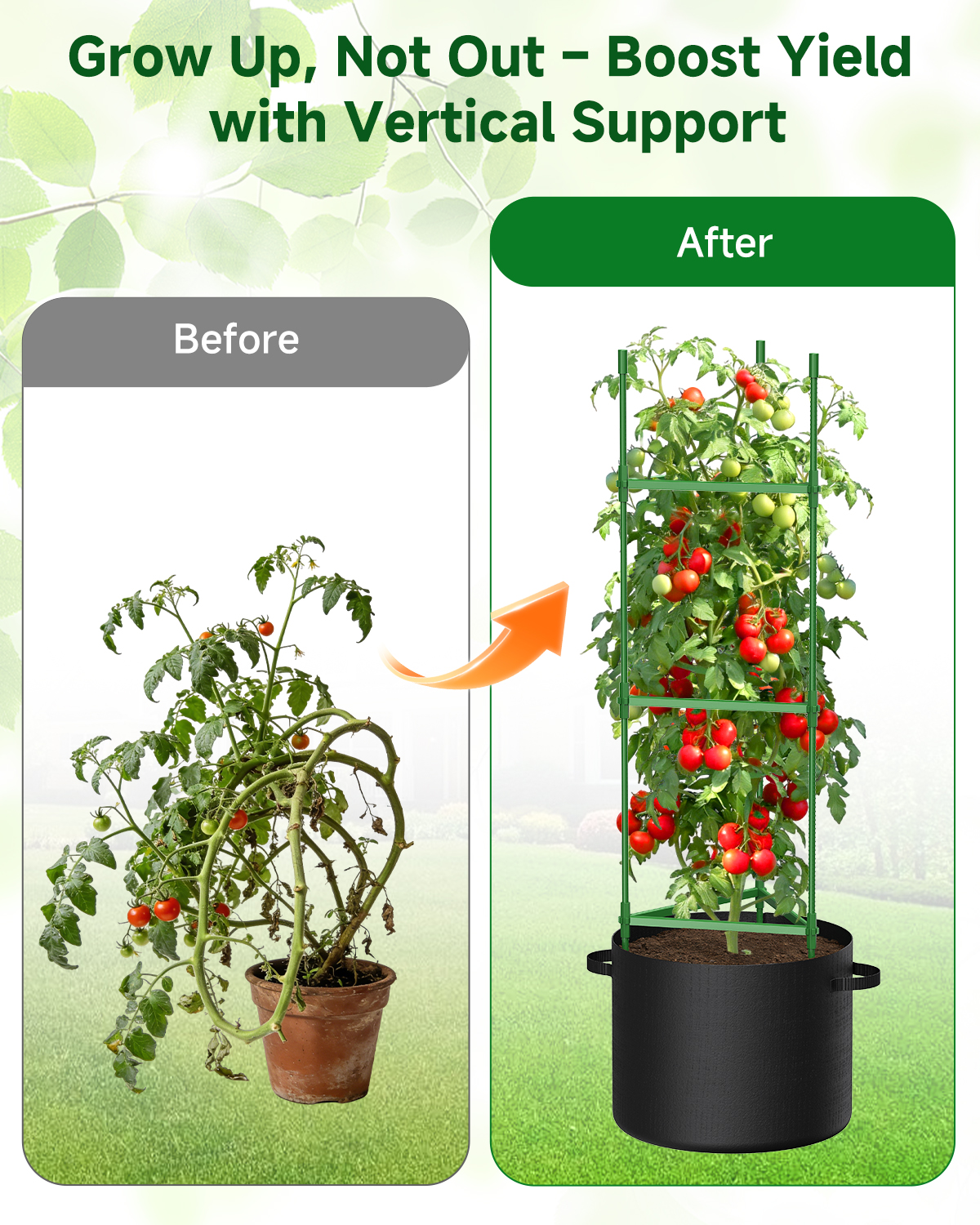 4 Pack Tomato Trellis Cages 55 Inch Height, with 17 Gallon Square Grow Bags, Heavy Duty Tomato Plant Support Stakes for Outdoor Garden Climbing Vegetables Fruits Flowers