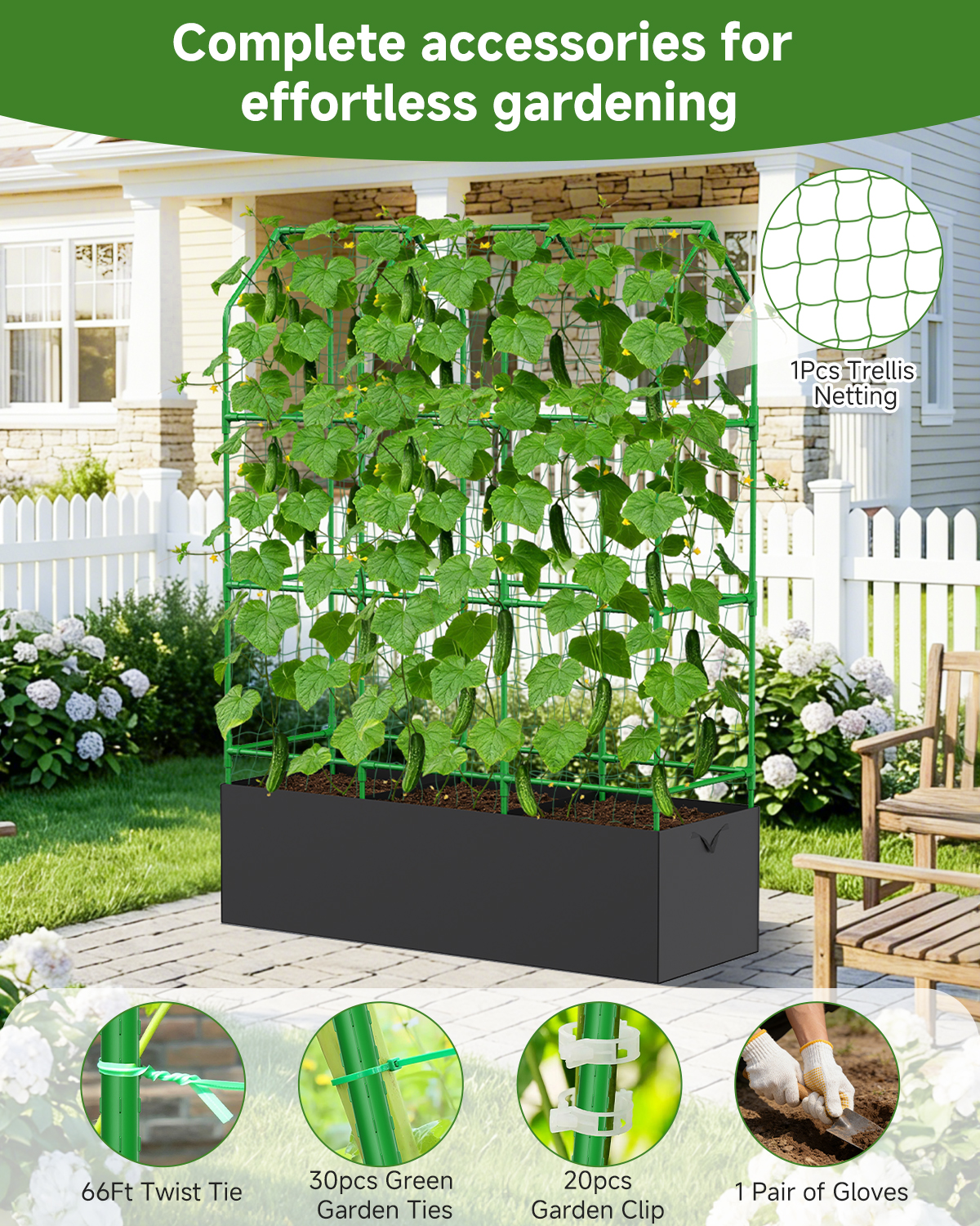 65" Cucumber Planter with Trellis for Climbing Plants Outdoor, Metal Garden Trellis for Raised Bed, Plant Support Structures with Netting for Cucumbers Tomatoes Beans Peas (50 * 17 * 65inch(L*W*H)