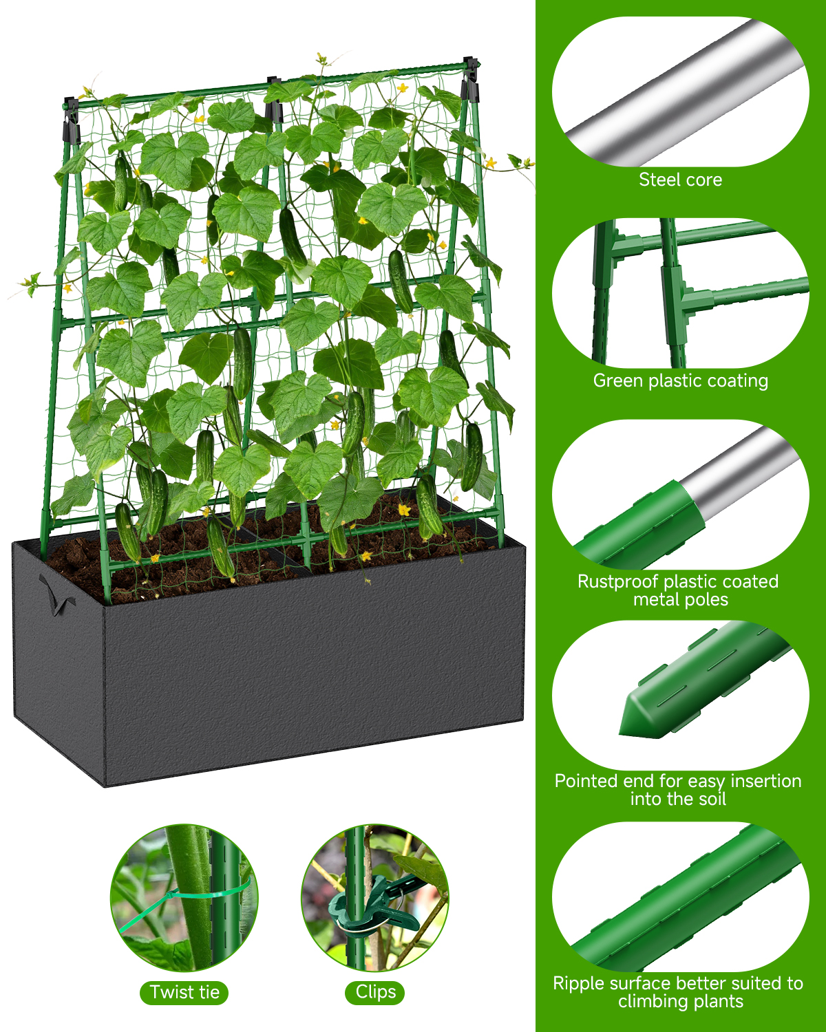 Cucumber Trellis with for Climbing Plants, A-Shape Garden Trellis with Grow Bags, Metal Plant Trellis with Garden Netting for Vegetables Flowers Fruits (A-Shape)