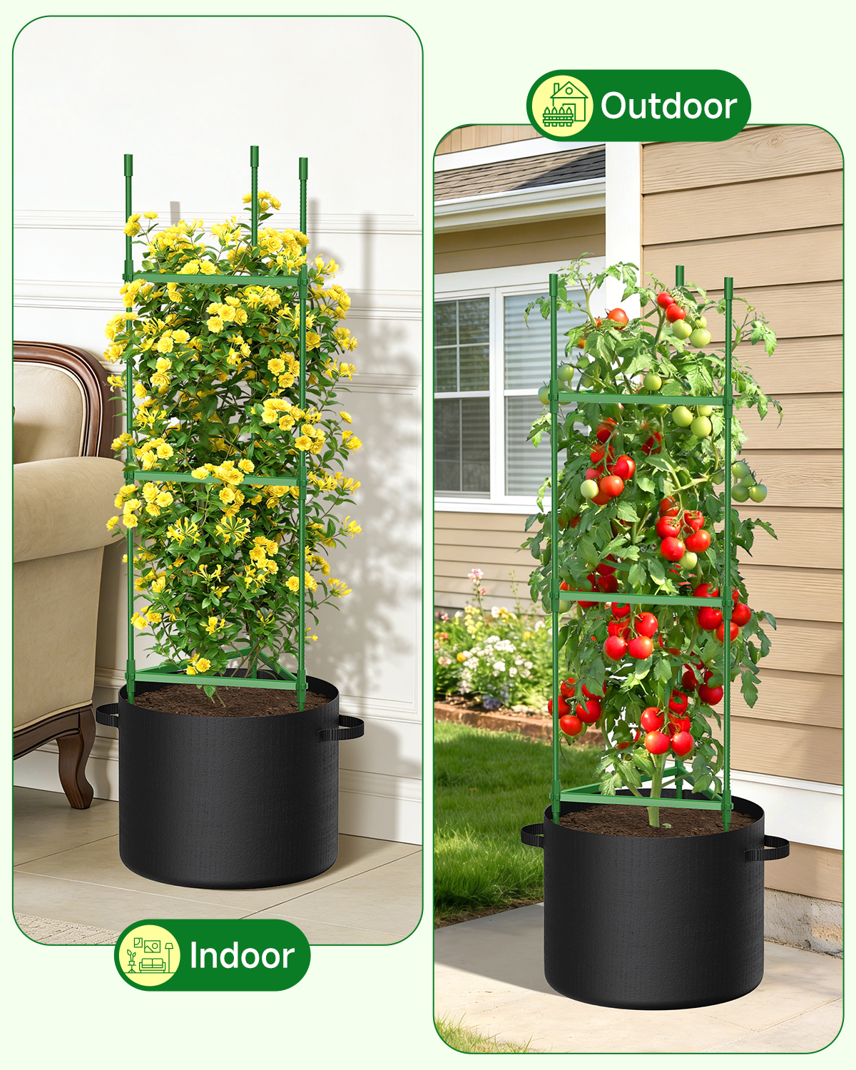 4 Pack Tomato Trellis Cages 55 Inch Height, with 17 Gallon Square Grow Bags, Heavy Duty Tomato Plant Support Stakes for Outdoor Garden Climbing Vegetables Fruits Flowers