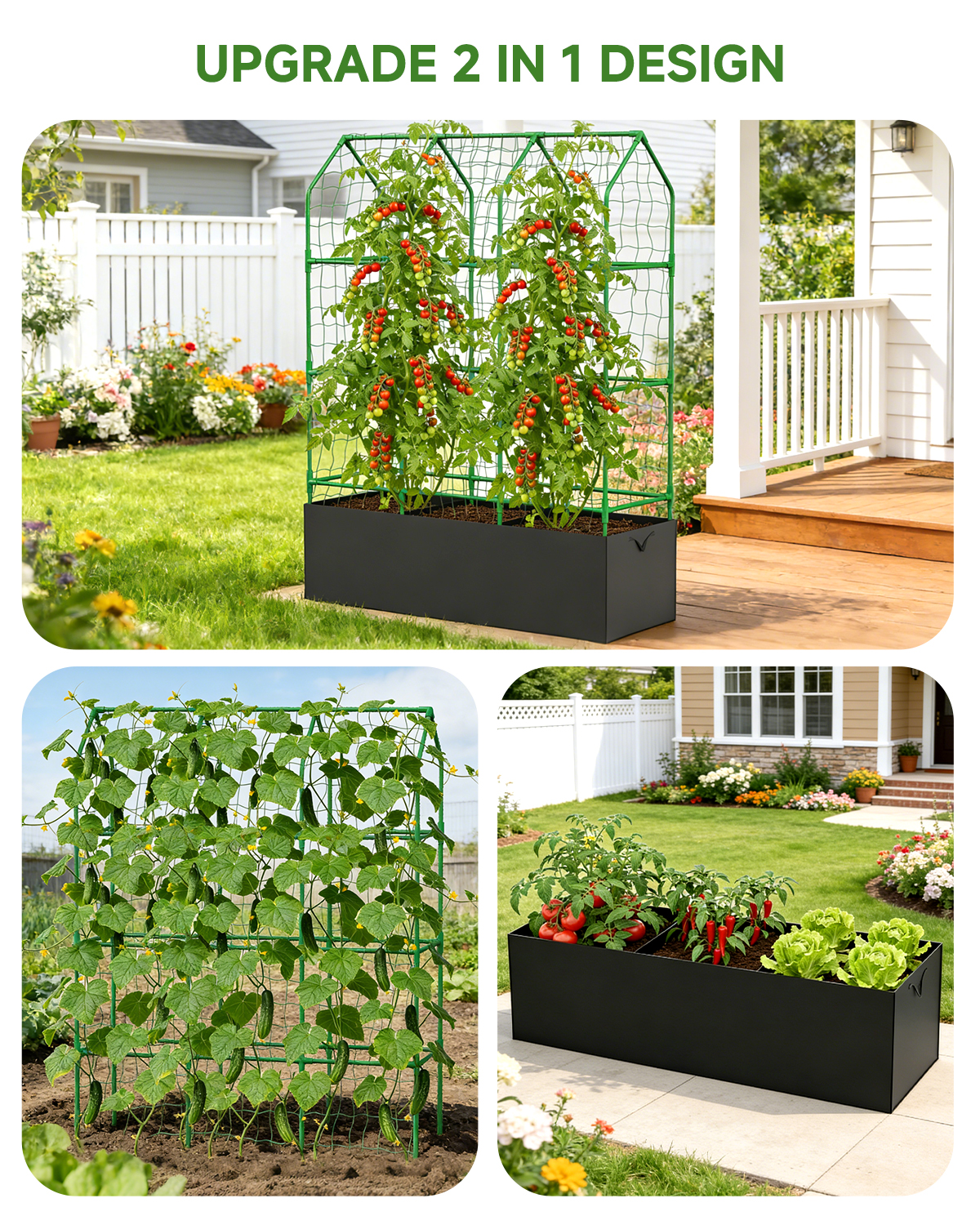 65" Cucumber Planter with Trellis for Climbing Plants Outdoor, Metal Garden Trellis for Raised Bed, Plant Support Structures with Netting for Cucumbers Tomatoes Beans Peas (50 * 17 * 65inch(L*W*H)