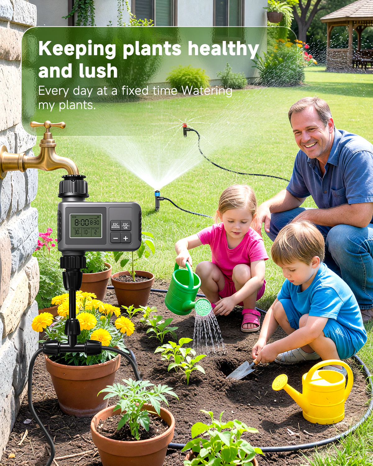 MQJIAZHI 124FT Drip Irrigation System with LCD Timer, Automatic Watering System Kits,5/16 Inch Hose 1/4 Inch Distribution Tubing 3 Sprayer Types, for Garden, Greenhouse, Garden, Lawn