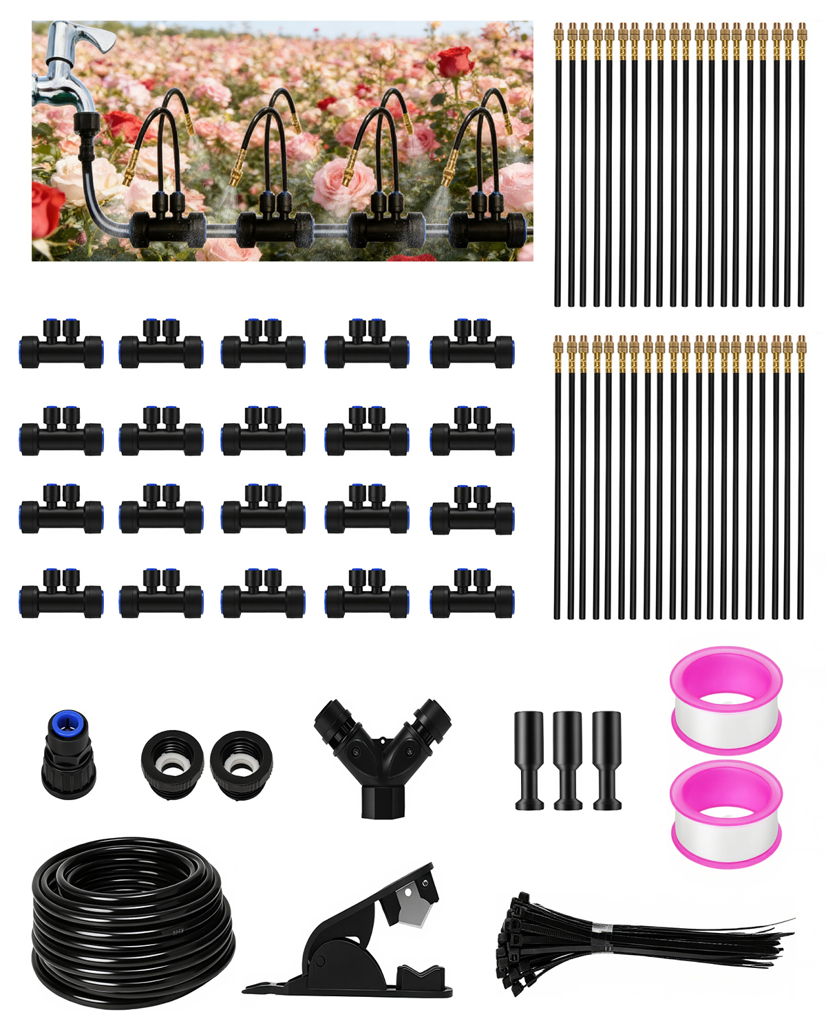 MQJIAZHI 66FT Drip Irrigation System with 40 Nozzles, Automatic Drip Irrigation Kit, Garden Watering System with Dual-Head 360° Bendable Spray Nozzles for Lawn, Raised Bed