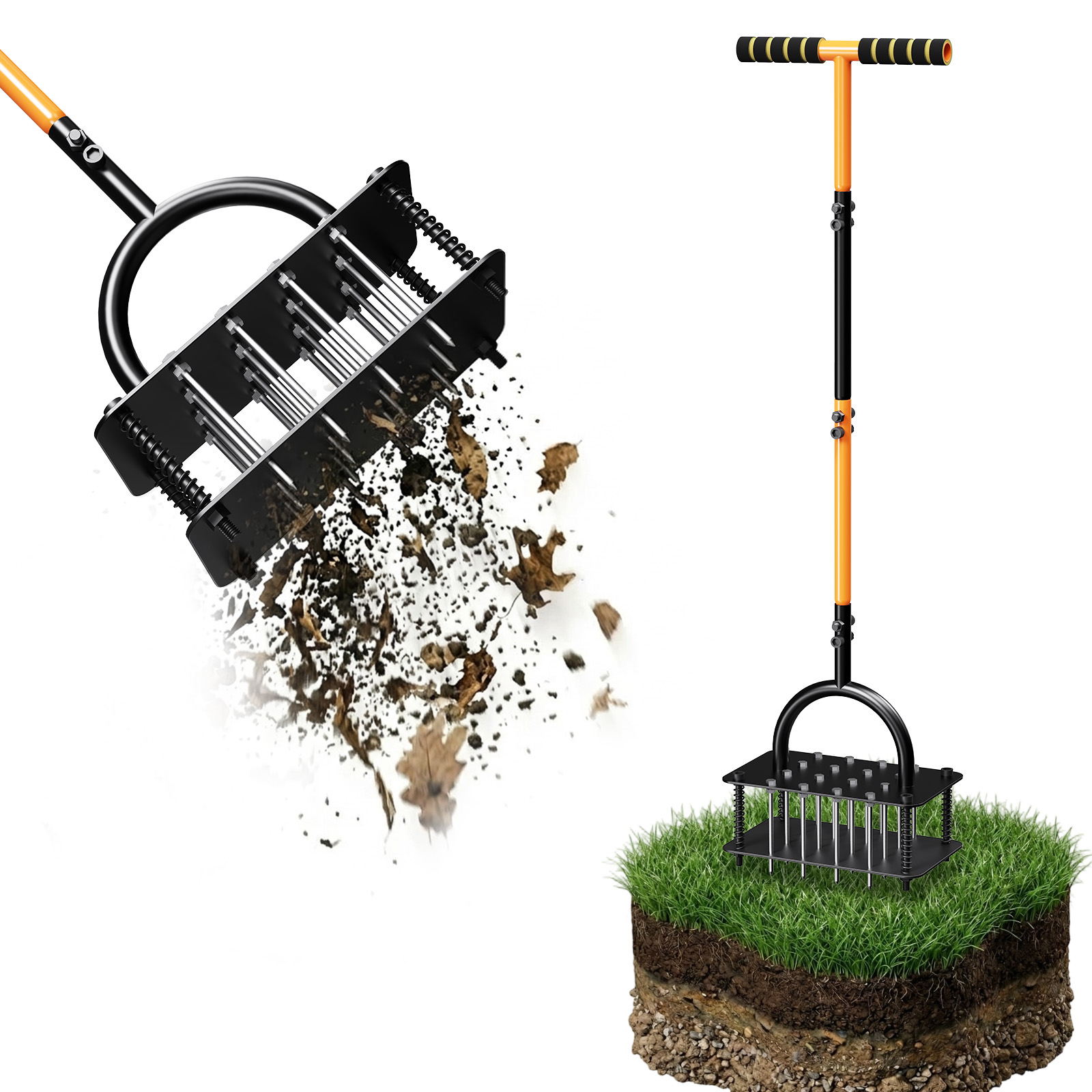 Lawn Aerator Tool, Manual Core Aerator for Lawn with 16 Spikes Spring Base, Automatic Soil Ejection, Pre-Assembled Yard Grass Aerator, Metal Grass Aerator for Yard