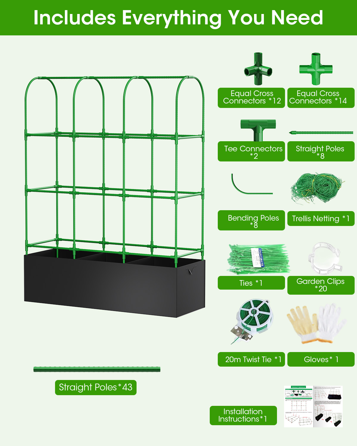 50"x64" Cucumber Trellis with for Climbing Plants, Garden Trellis with Grow Bags, Metal Plant Trellis with Garden Netting for Vegetables Flowers Fruits (U-4 Arches)