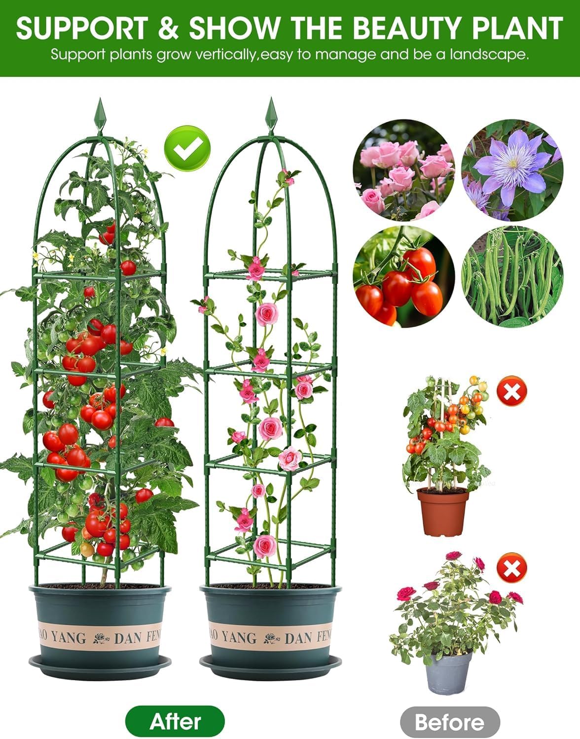 Garden Obelisk Trellis for Climbing Plants, 6FT Garden Obelisk Rustproof PE Coated Metal Potted Plant Climbing Support, Thickened Tube Plant Tower Trellis for Clematis Vine Support Indoor (2 Pack)