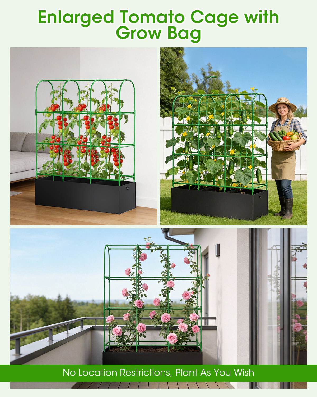 50"x64" Cucumber Trellis with for Climbing Plants, Garden Trellis with Grow Bags, Metal Plant Trellis with Garden Netting for Vegetables Flowers Fruits (U-4 Arches)