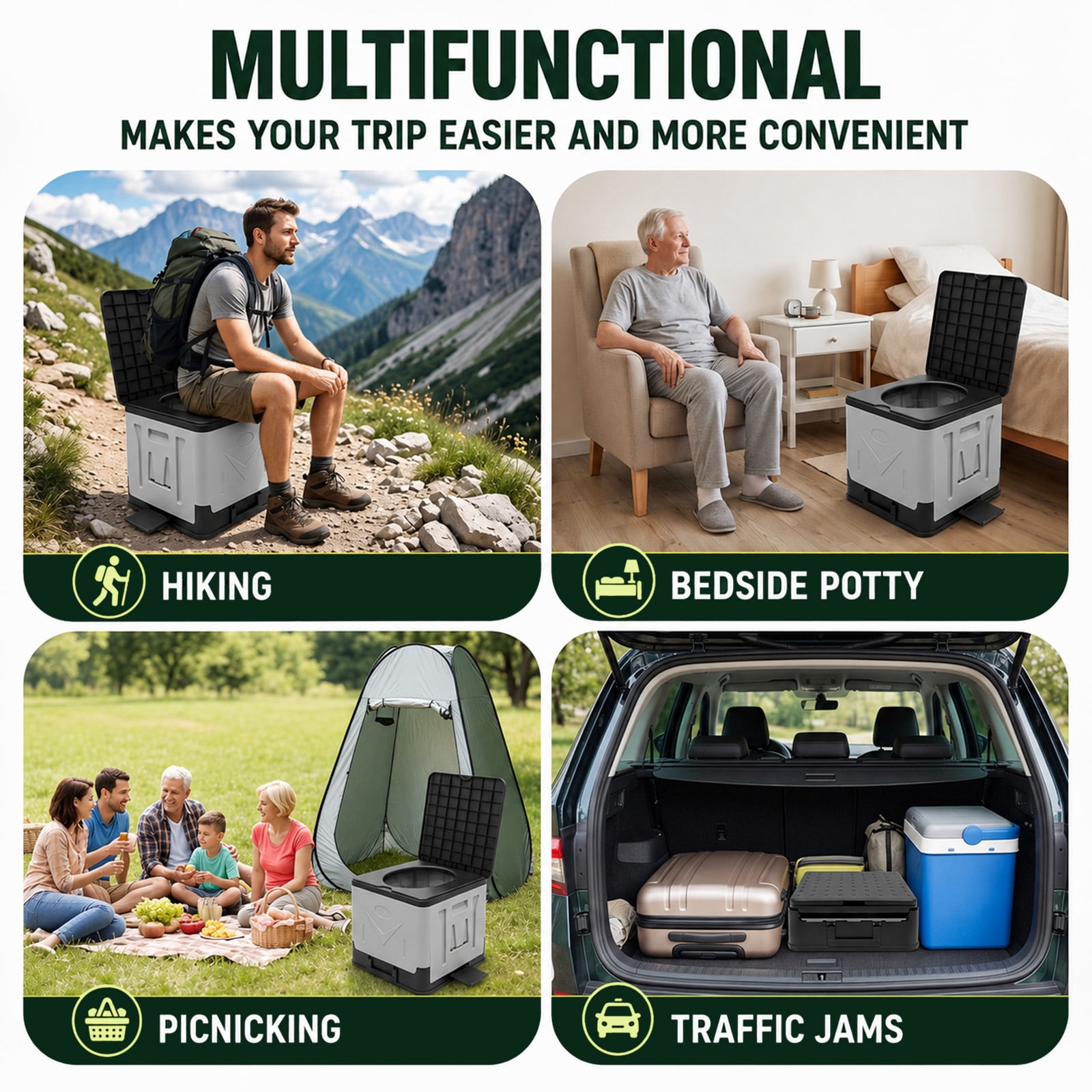MQJIAZHI 55L Portable Folding Toilet with Lid - Includes 1 Pack of Waste Bags, Collapsible Camping Travel Potty, Bedside Commode for Car & Emergency, Grey