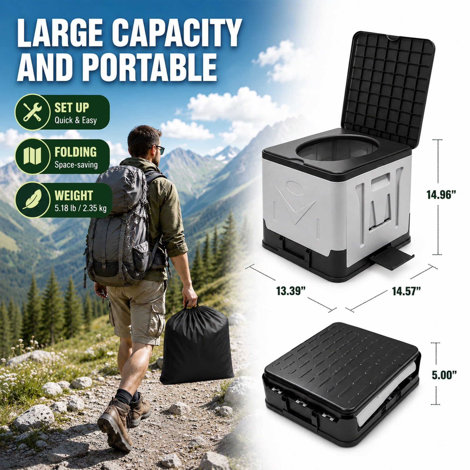 MQJIAZHI 55L Portable Folding Toilet with Lid - Includes 1 Pack of Waste Bags, Collapsible Camping Travel Potty, Bedside Commode for Car & Emergency, Grey