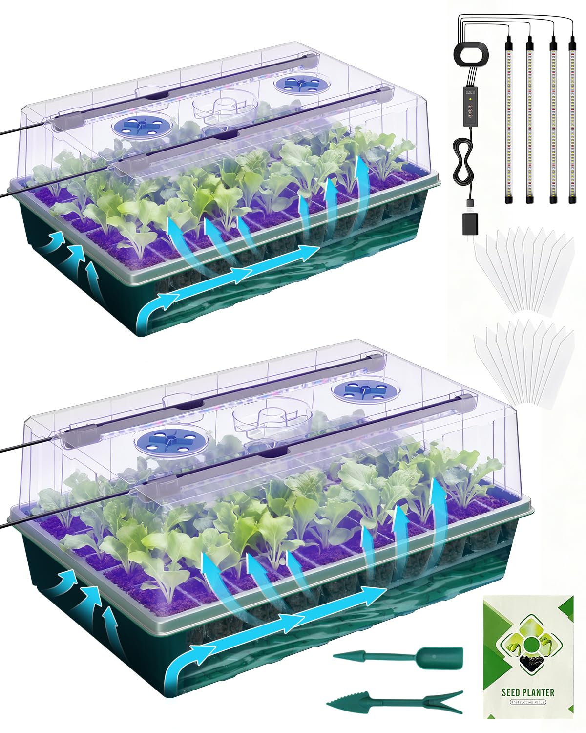 2PCS 120 Cell Self-Watering Seed Starter Tray Kit with Grow Light Humidity Dome,120-Cell Large Plant Seedling Tray, 3 Color Growing Light, Seed Starting Trays for Plant Germination