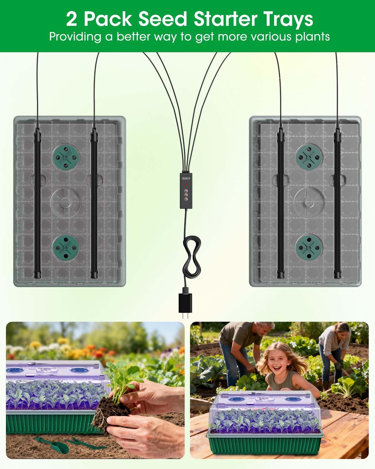 2PCS 120 Cell Self-Watering Seed Starter Tray Kit with Grow Light Humidity Dome,120-Cell Large Plant Seedling Tray, 3 Color Growing Light, Seed Starting Trays for Plant Germination